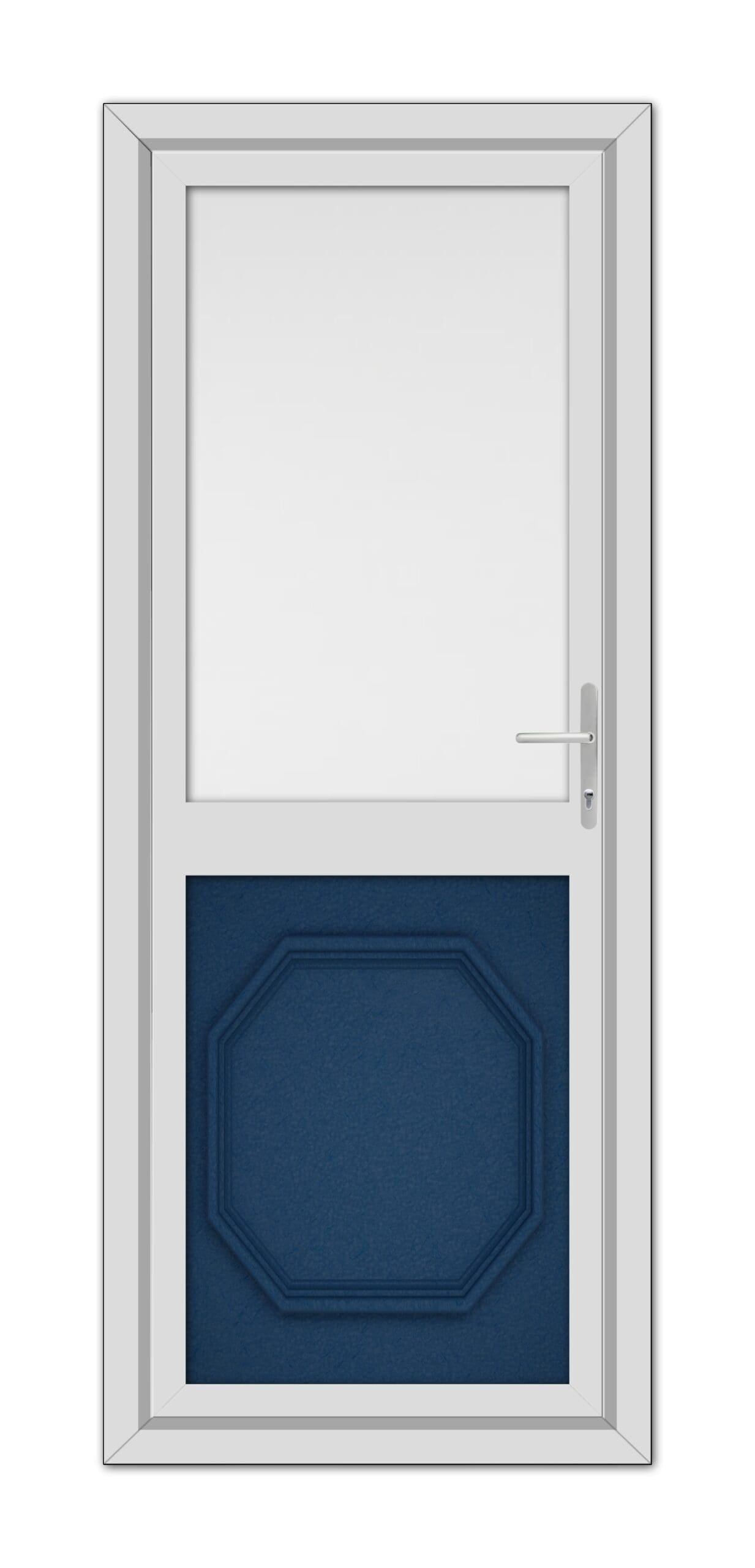 A modern closed Blue Buckingham Half uPVC Back Door in a white frame, featuring a gray handle, a large upper glass panel, and a lower blue panel with an octagonal design.