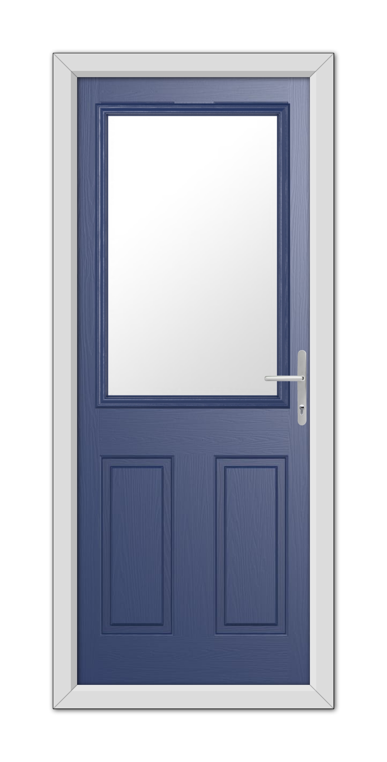 A closed Blue Buxton Composite Door 48mm Timber Core with a large rectangular window at the top, featuring a white frame and handle, against a white background.