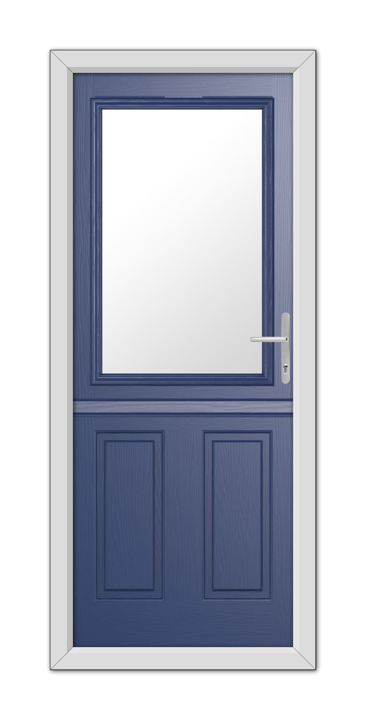 A Blue Buxton Stable Composite Door 48mm Timber Core with a white frame, featuring a large square window at the top and a metallic handle on the right.
