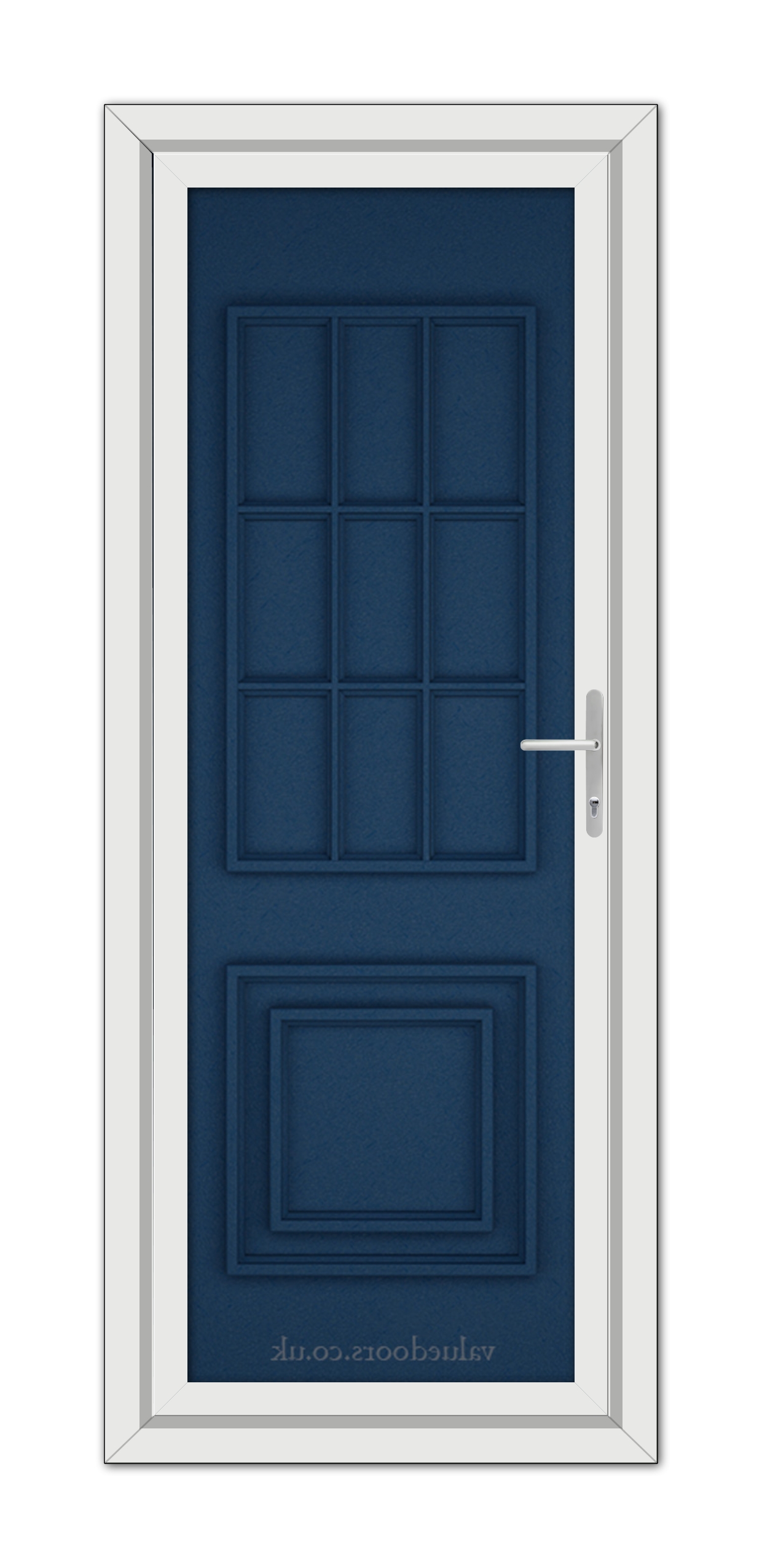 A vertical image of a closed Blue Cambridge One Solid uPVC Door with a white frame and a silver handle on the right side.