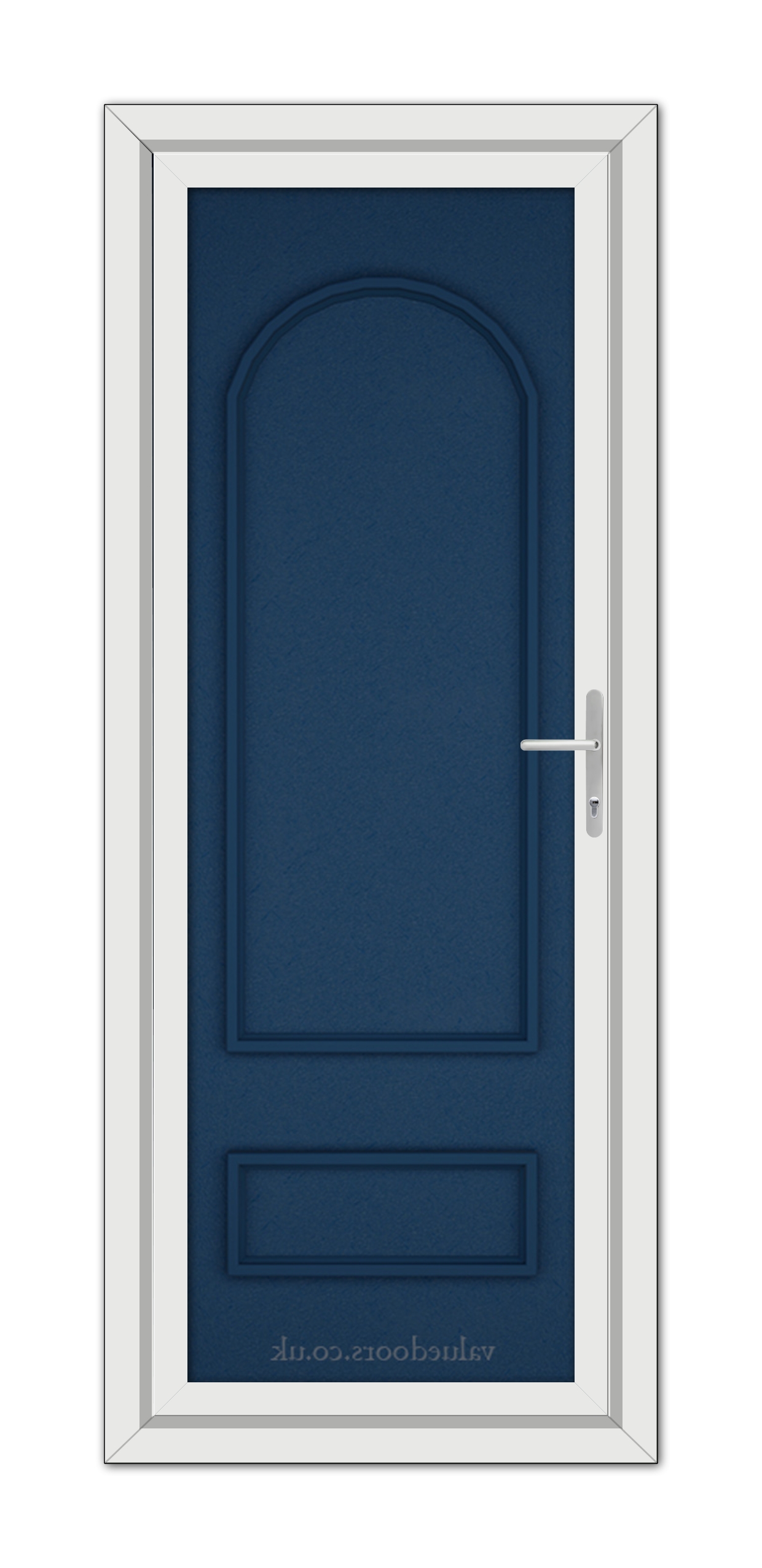 A vertical image of a closed, Blue Canterbury Solid uPVC Door with a white frame and a metallic handle on the right side. The door has a simple, elegant panel design.