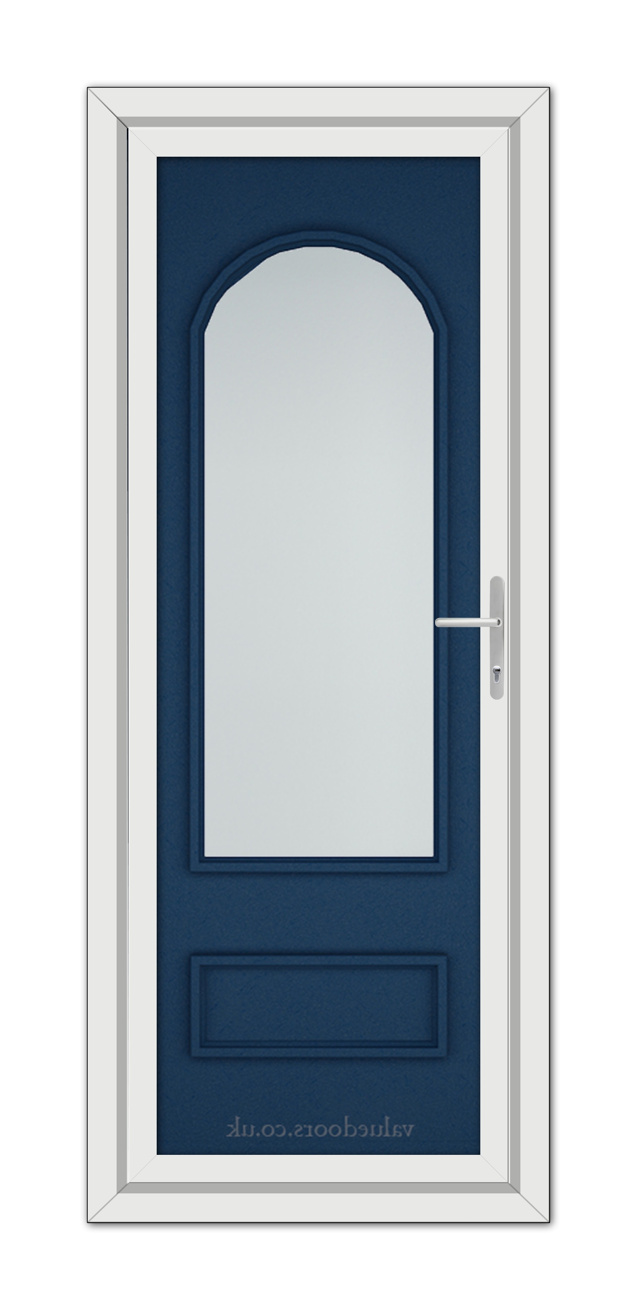 A vertical image of a closed Blue Canterbury uPVC Door with an arched window at the top, silver handle on the right, and white door frame, set against a white background.