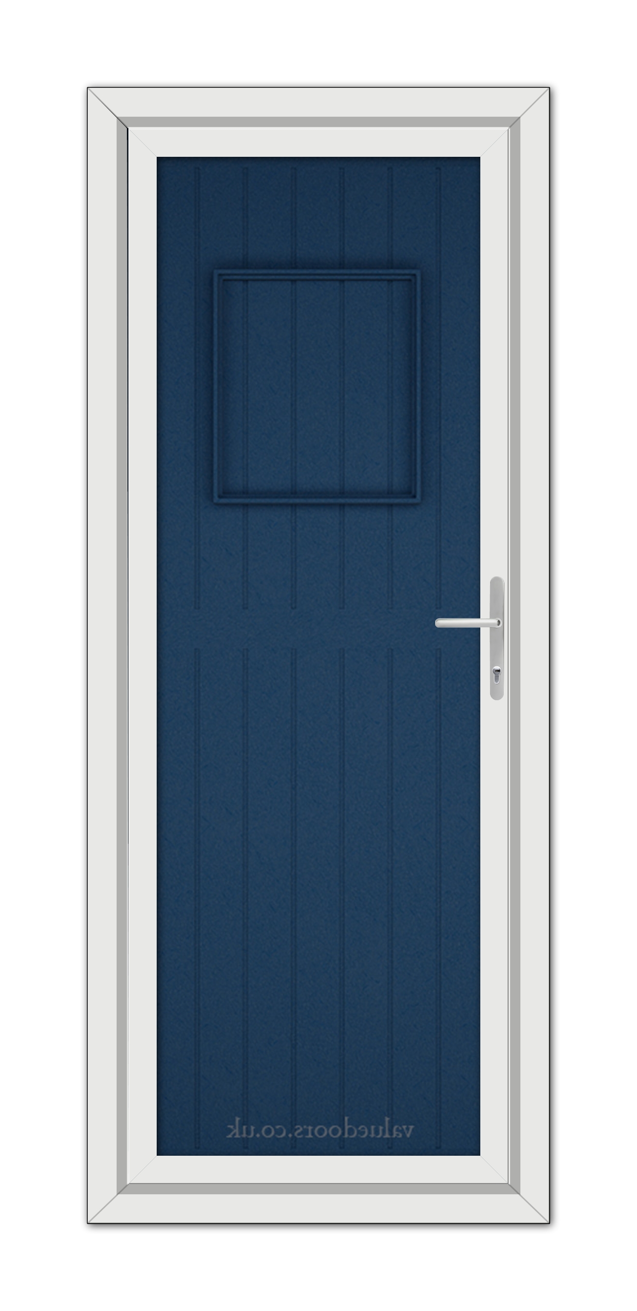 A modern Blue Chatsworth Solid uPVC Door with a rectangular window at the top, framed in white, featuring a silver handle on the right side.