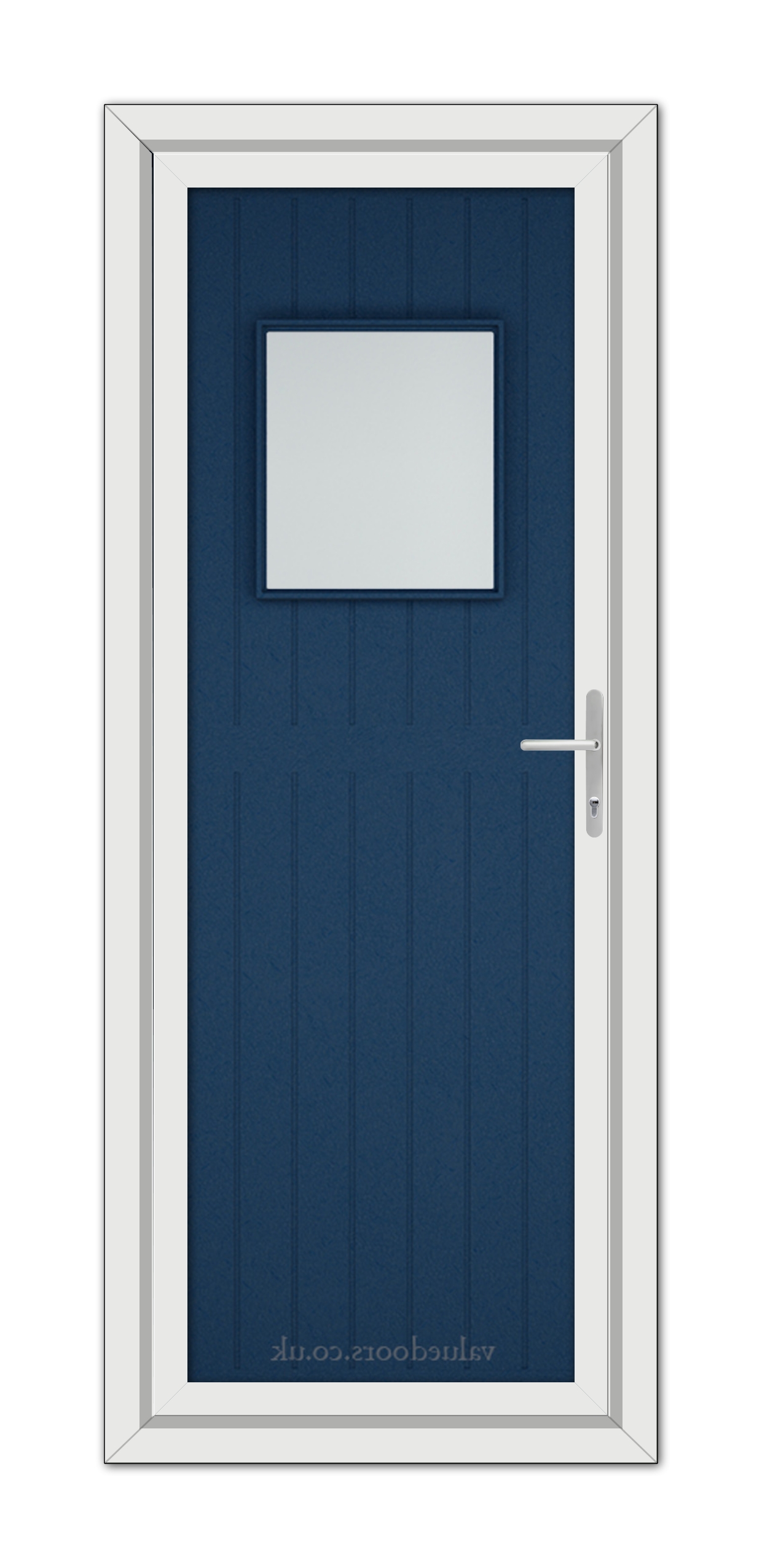 A modern Blue Chatsworth uPVC door with a small rectangular window and a white frame, featuring a metallic handle on the right side.