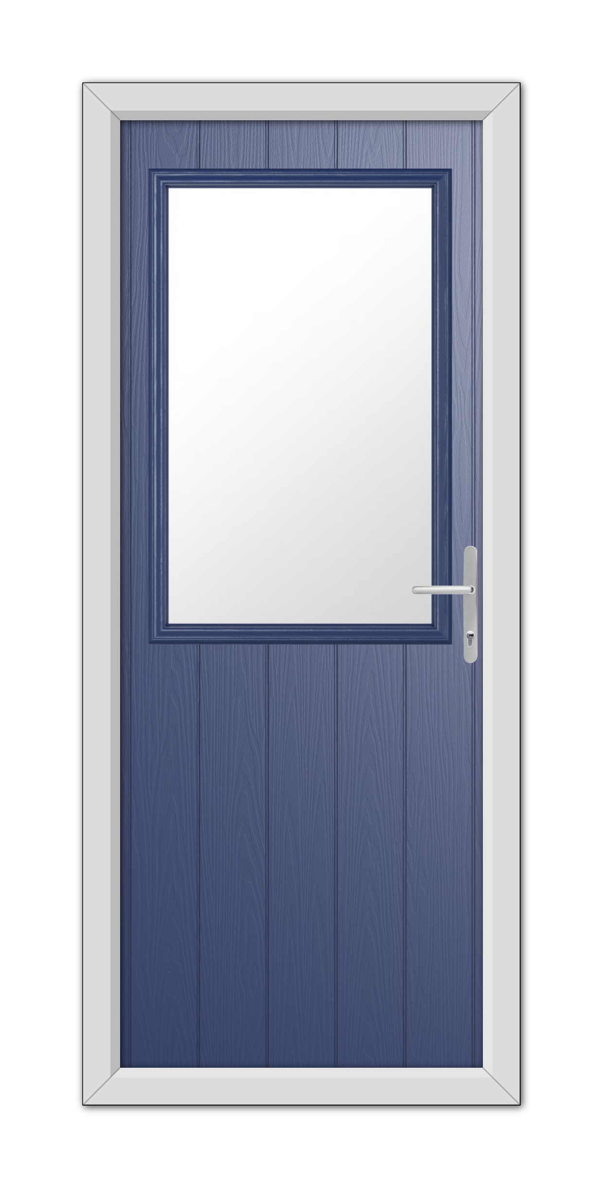 A Blue Clifton Composite Door 48mm Timber Core with a white frame and a square glass window, featuring a modern handle on the right side.