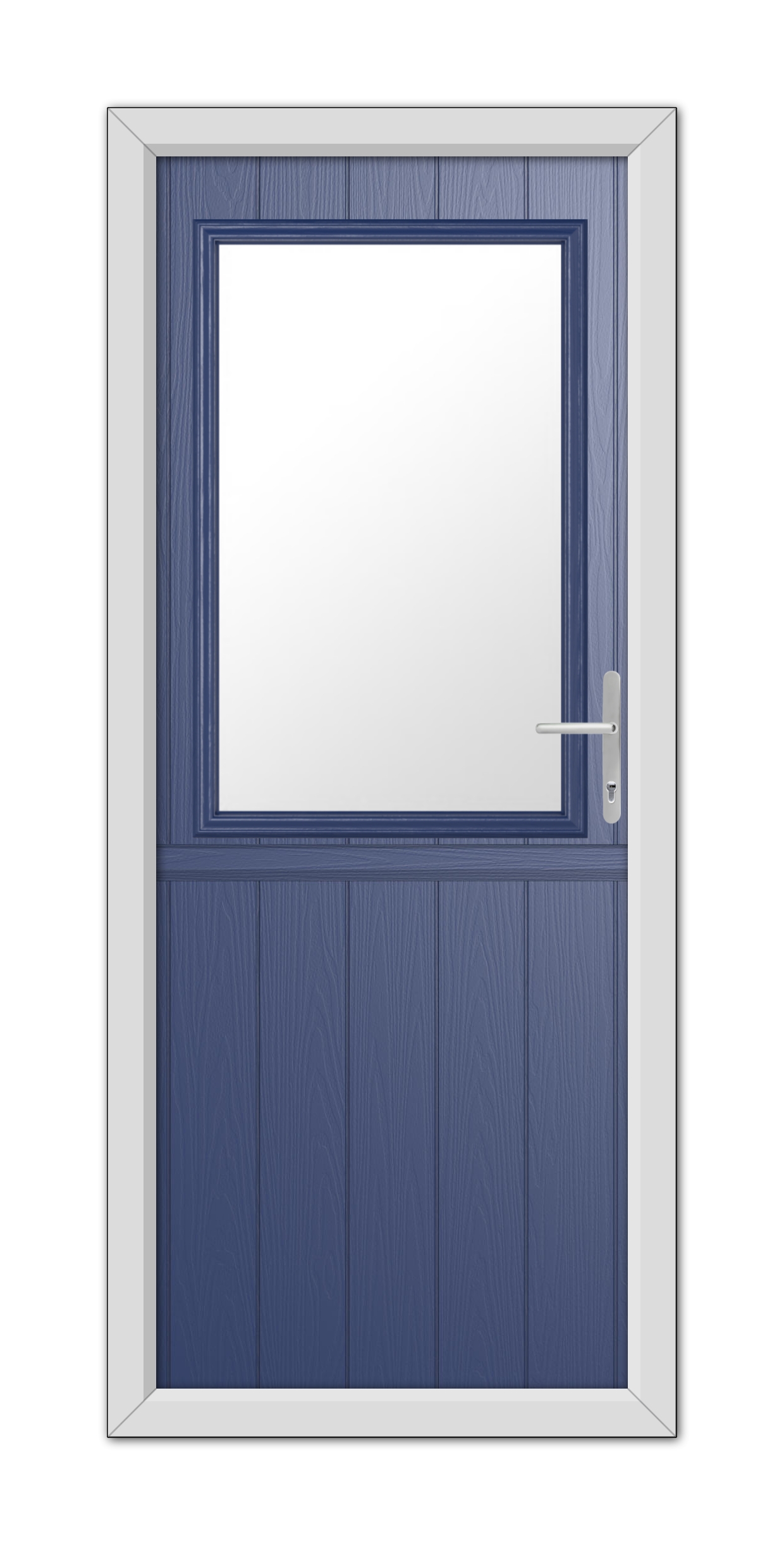 A modern Blue Clifton Stable Composite Door 48mm Timber Core with a large central window, white frame, and a metallic handle, depicted against a white background.