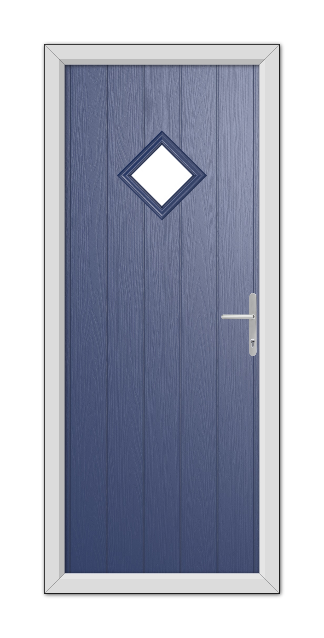 A Blue Cornwall Composite Door 48mm Timber Core with a diamond-shaped window and a modern handle, set within a white frame.