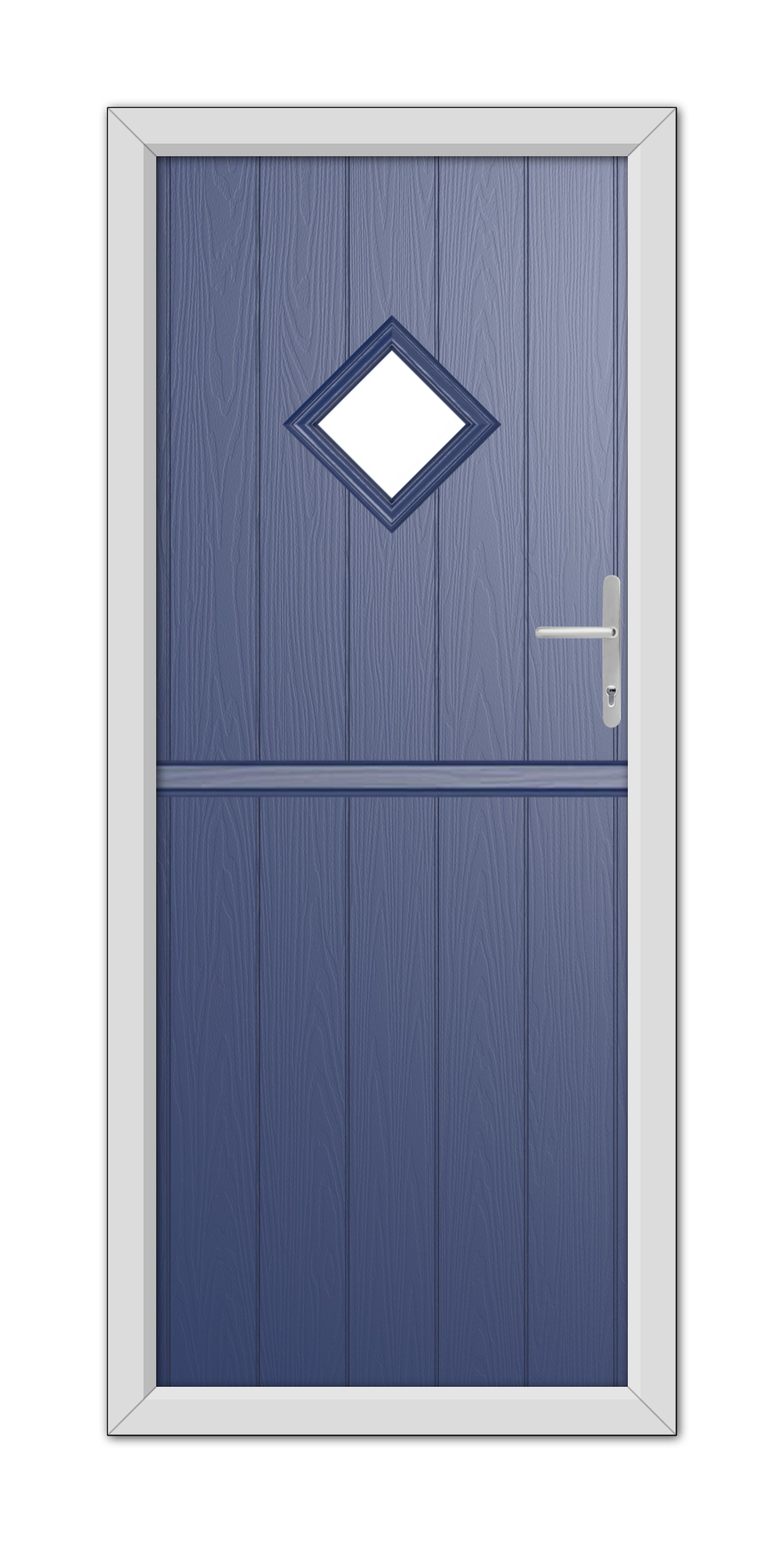 A Blue Cornwall Stable Composite Door 48mm Timber Core with a diamond-shaped window at the top, set within a white frame, featuring a modern silver handle on the right side.