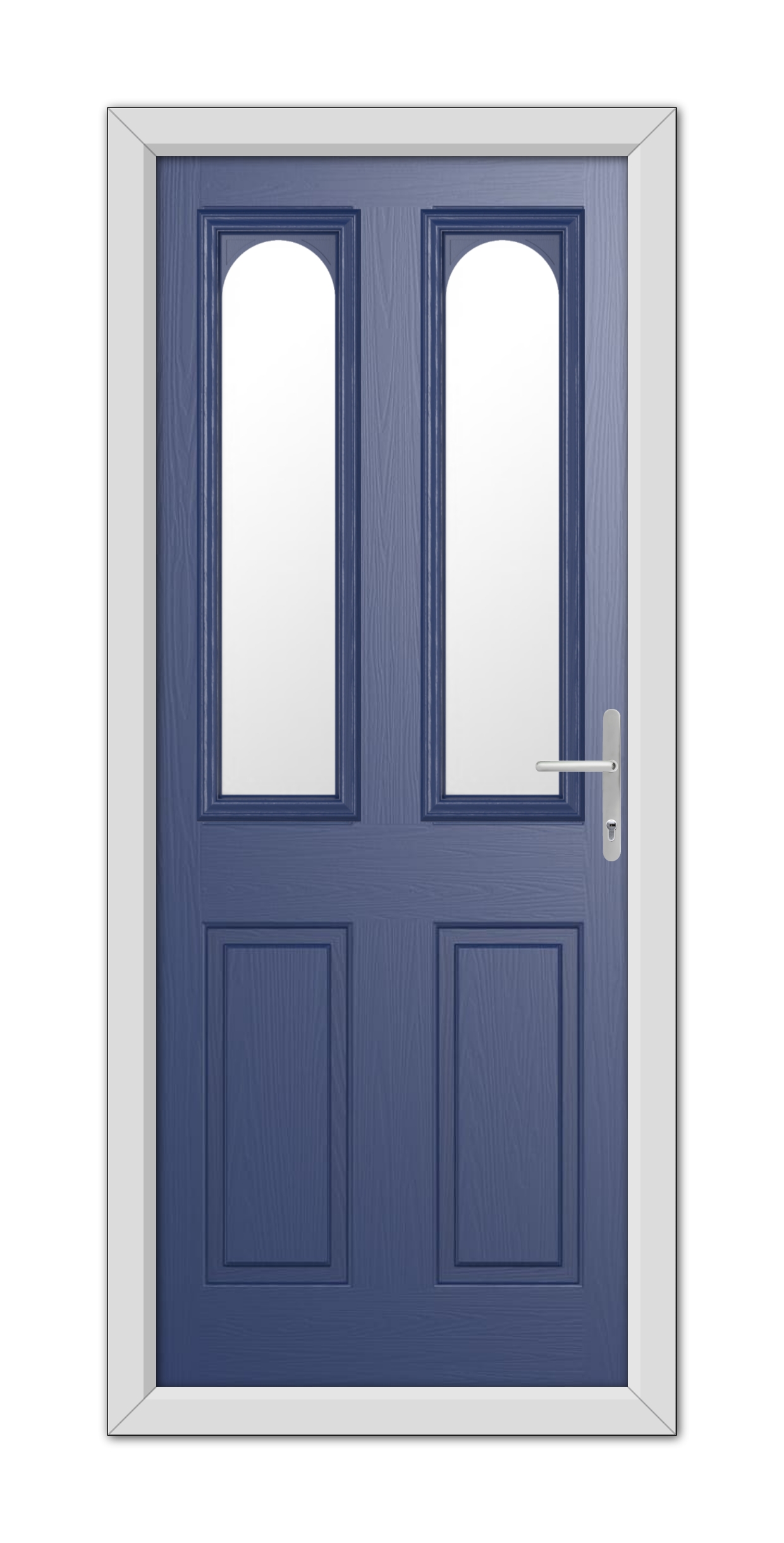 A modern Blue Elmhurst Composite Door 48mm Timber Core with white trim and long, vertical glass panels.
