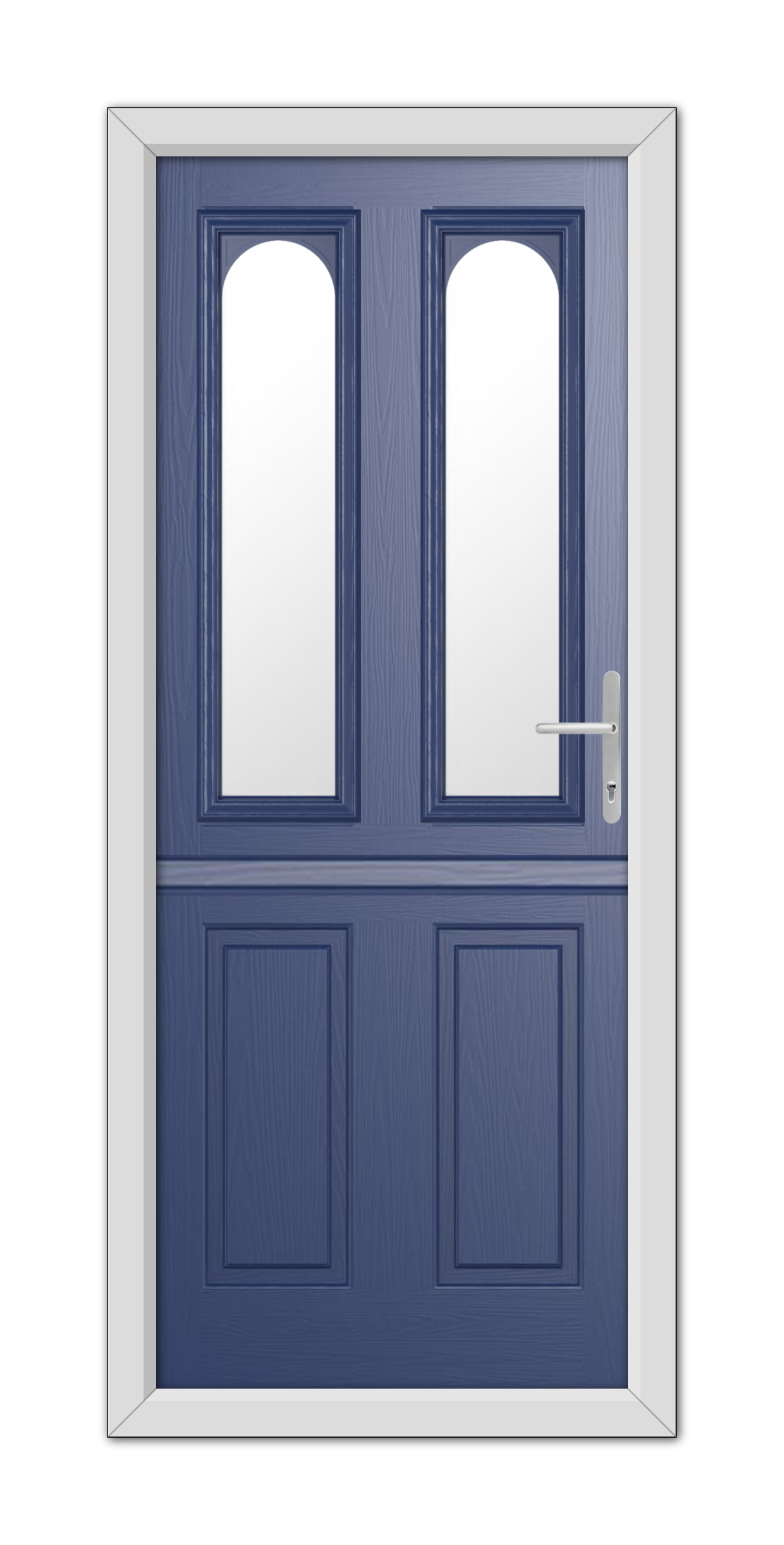 A modern Blue Elmhurst Stable Composite Door 48mm Timber Core with white framed glass windows on the upper half and solid panels on the lower half, featuring a silver handle on the right.