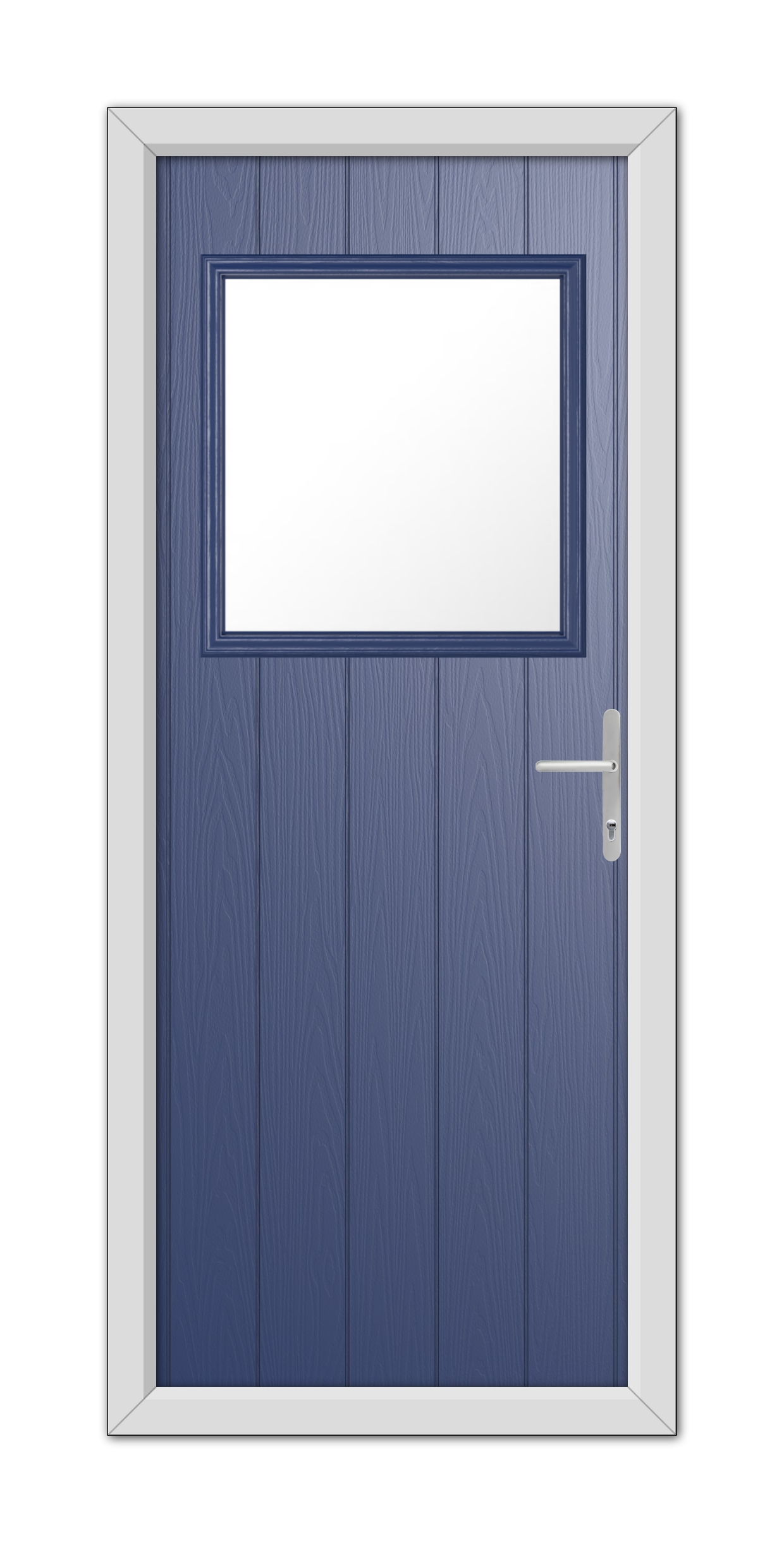 A Blue Fife Composite Door 48mm Timber Core with a rectangular window and a white handle, set in a white frame.