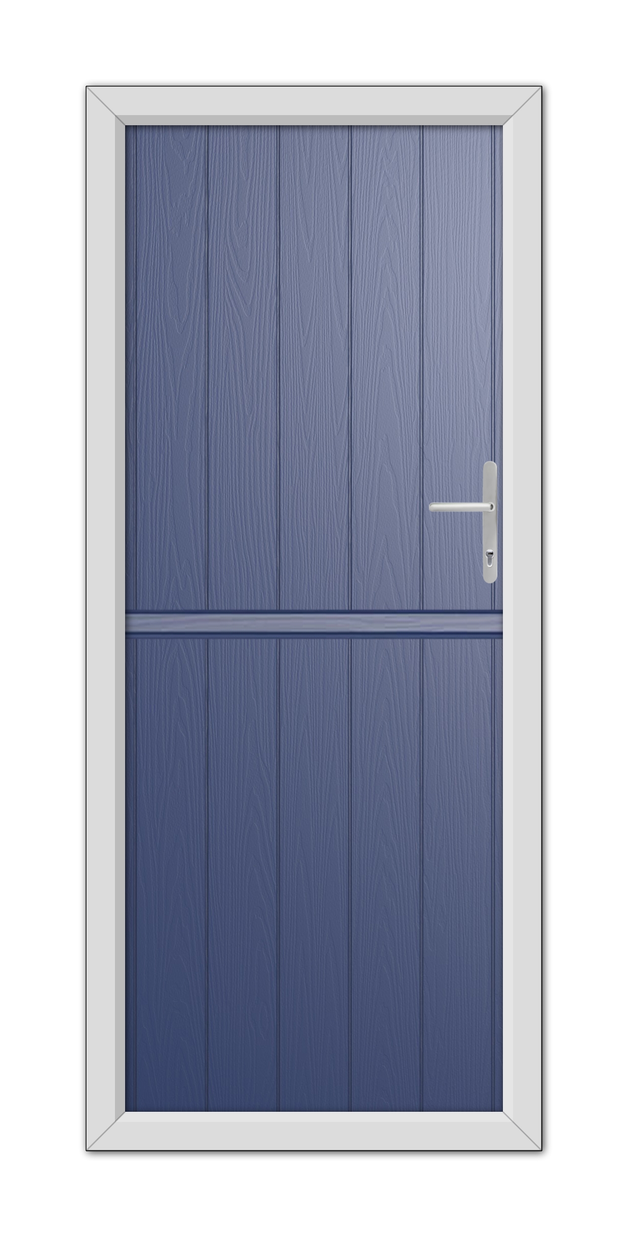 A Blue Gloucester Stable Composite Door 48mm Timber Core with a simple white handle, framed by a white door frame, viewed head-on.