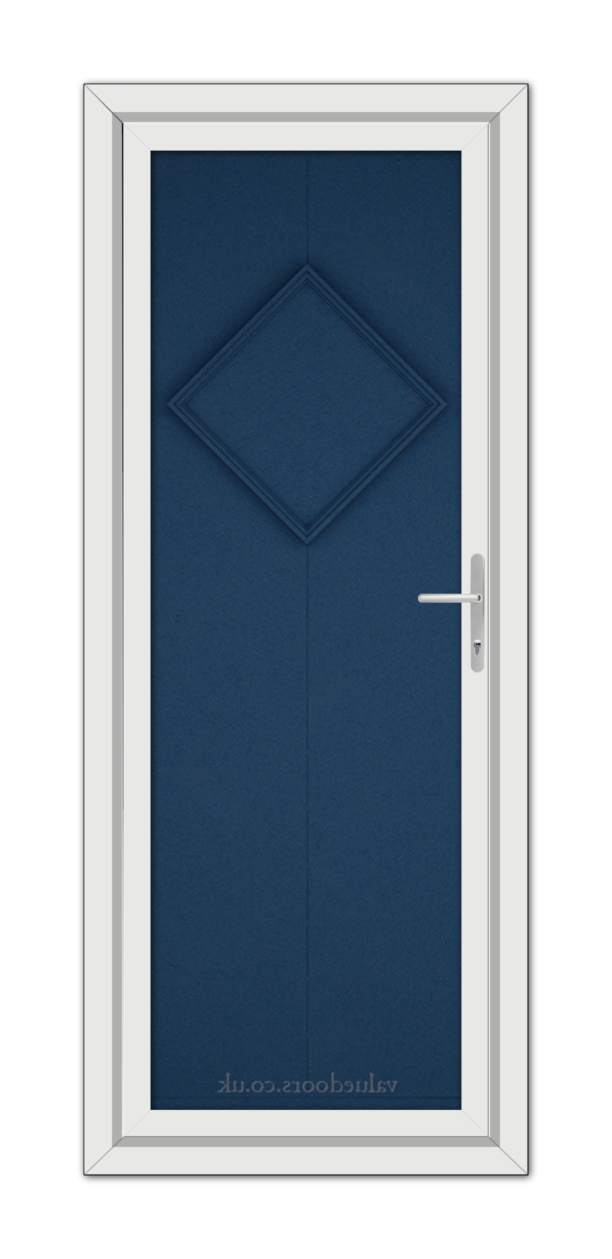 A vertical image of a modern Blue Hamburg Solid uPVC Door with a diamond pattern design, framed in white, featuring a silver handle on the right side.