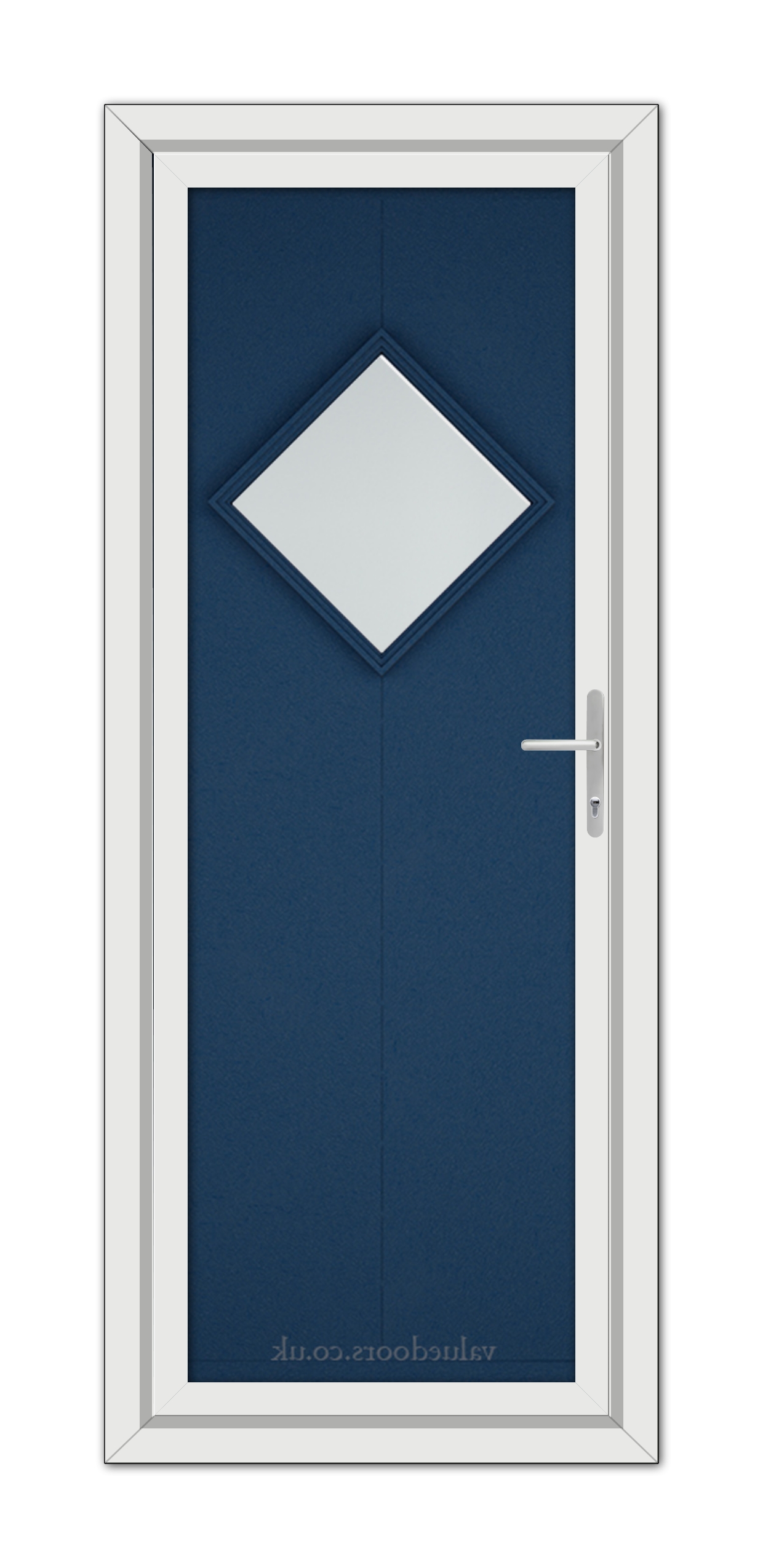 A modern Blue Hamburg uPVC door featuring a diamond-shaped window at the center, framed in white with a silver handle on the right side.