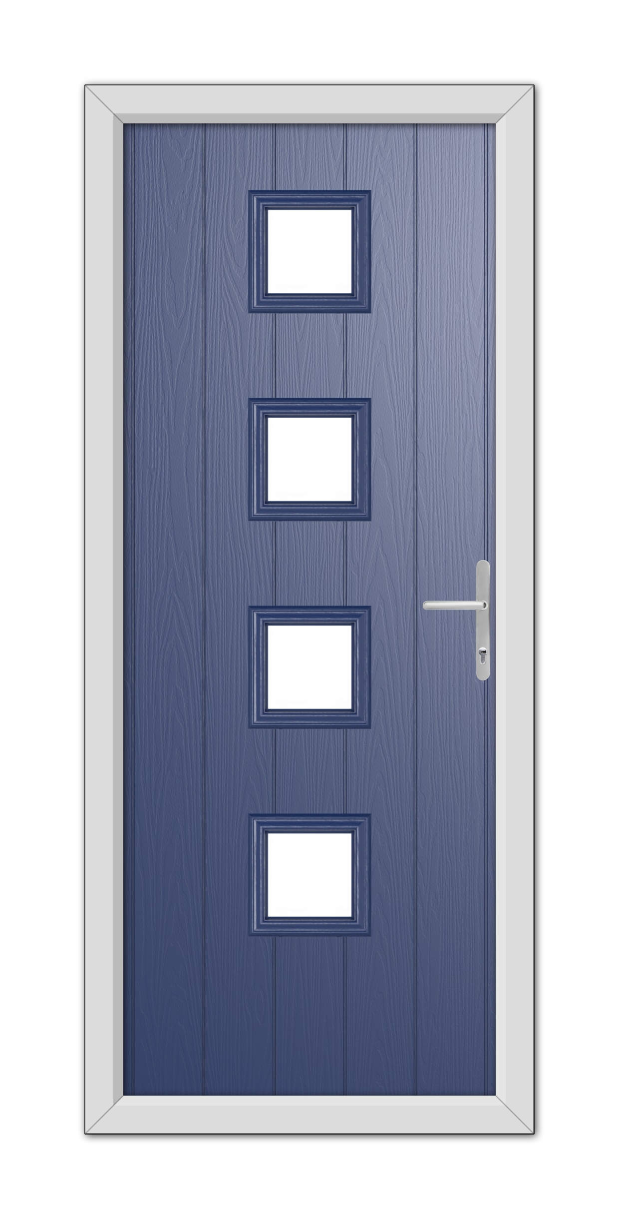 A modern Blue Hamilton Composite Door 48mm Timber Core featuring a white frame, four rectangular windows aligned vertically, and a metallic handle on the right side.
