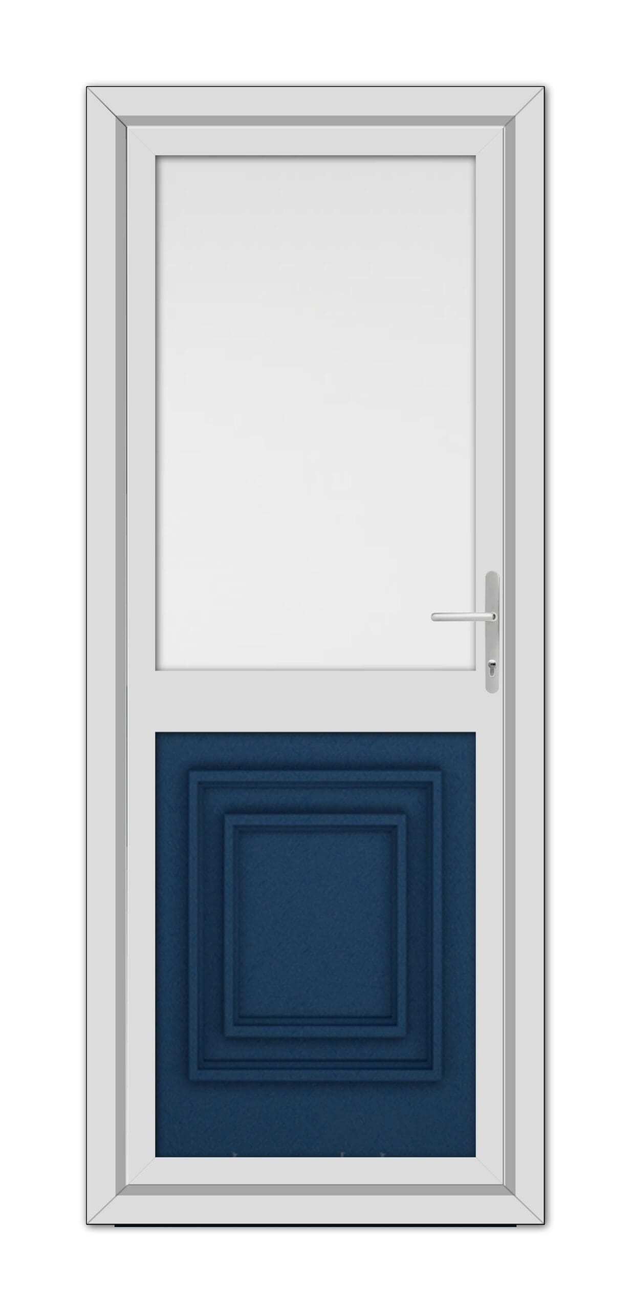 A modern door with a white frame, featuring a top window and a recessed Blue Hannover Half uPVC lower panel, equipped with a metallic handle.