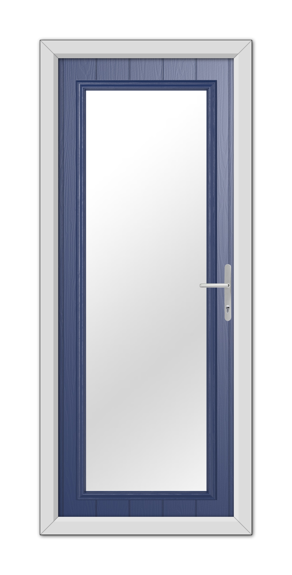 A modern closed Blue Hatton Composite Door 48mm Timber Core with a blue wooden finish and a white frame, featuring a simple silver handle on the right side.
