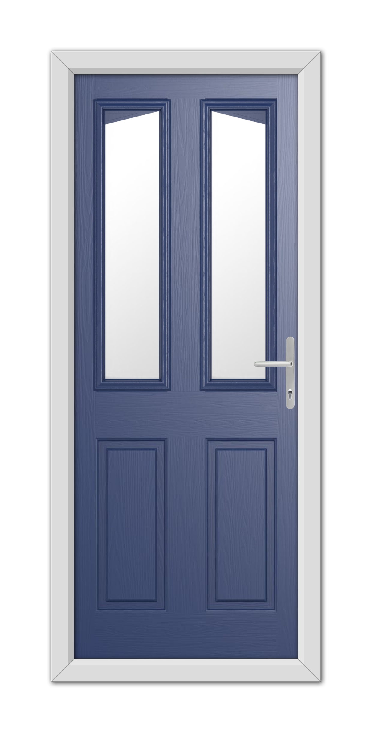 A double-panel Blue Highbury Composite Door 48mm Timber Core with upper half glass windows, set in a white frame, viewed from the front.