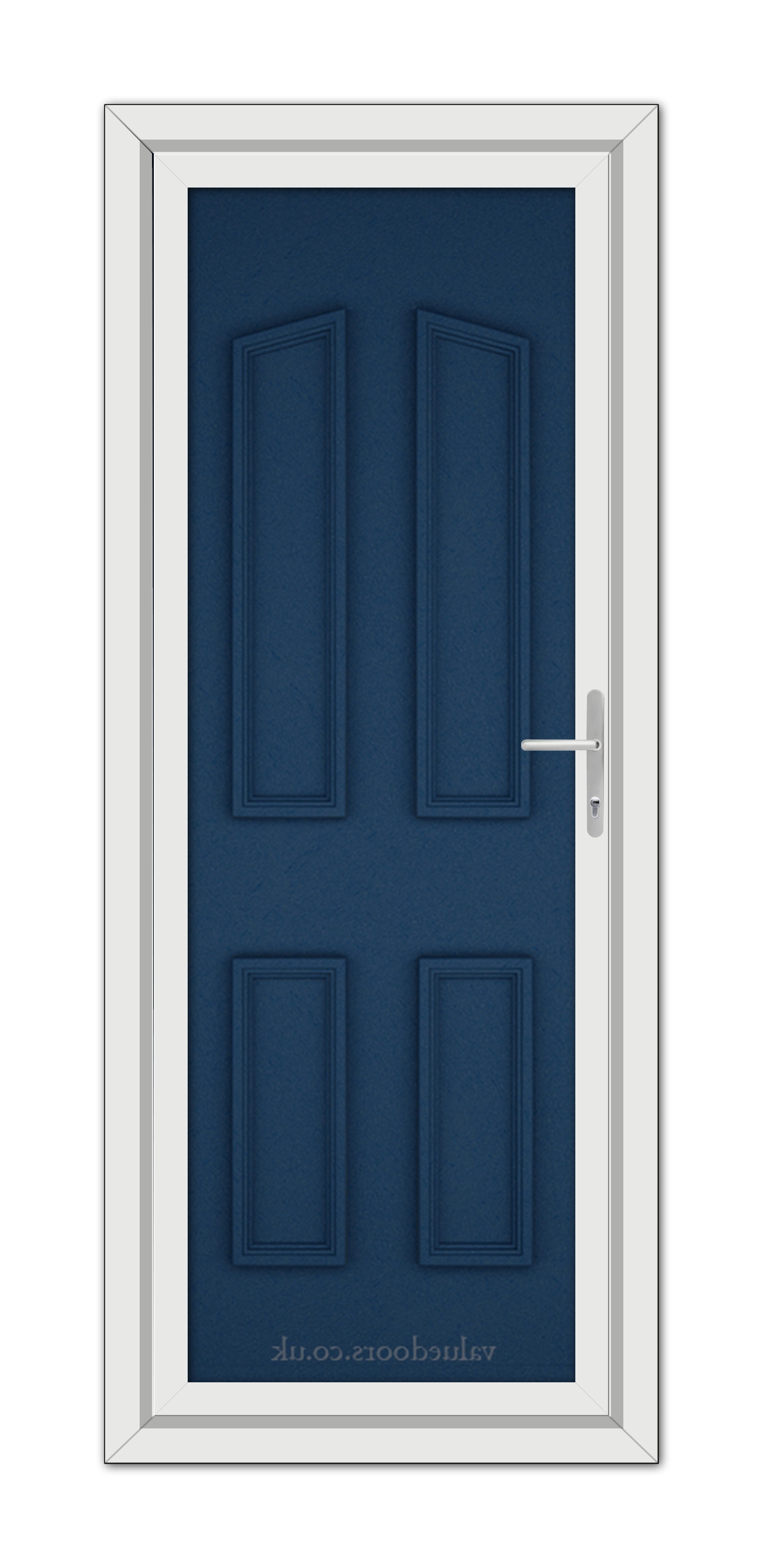 A modern Blue Kensington Solid uPVC Door with two recessed panels and a silver handle, set within a white door frame.