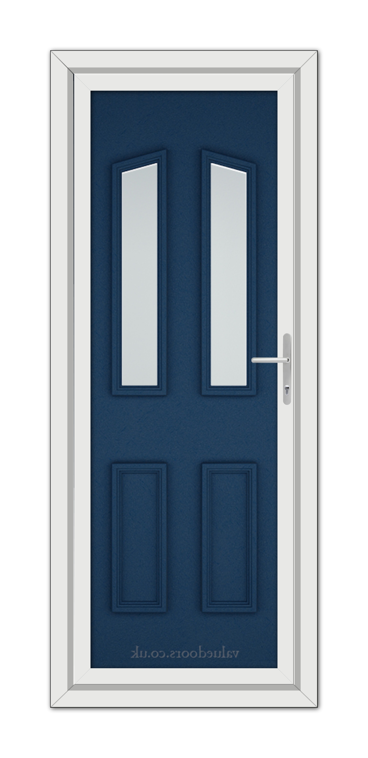 A modern Blue Kensington uPVC door with long, vertical, frosted glass panels and a chrome door handle, set in a white frame.