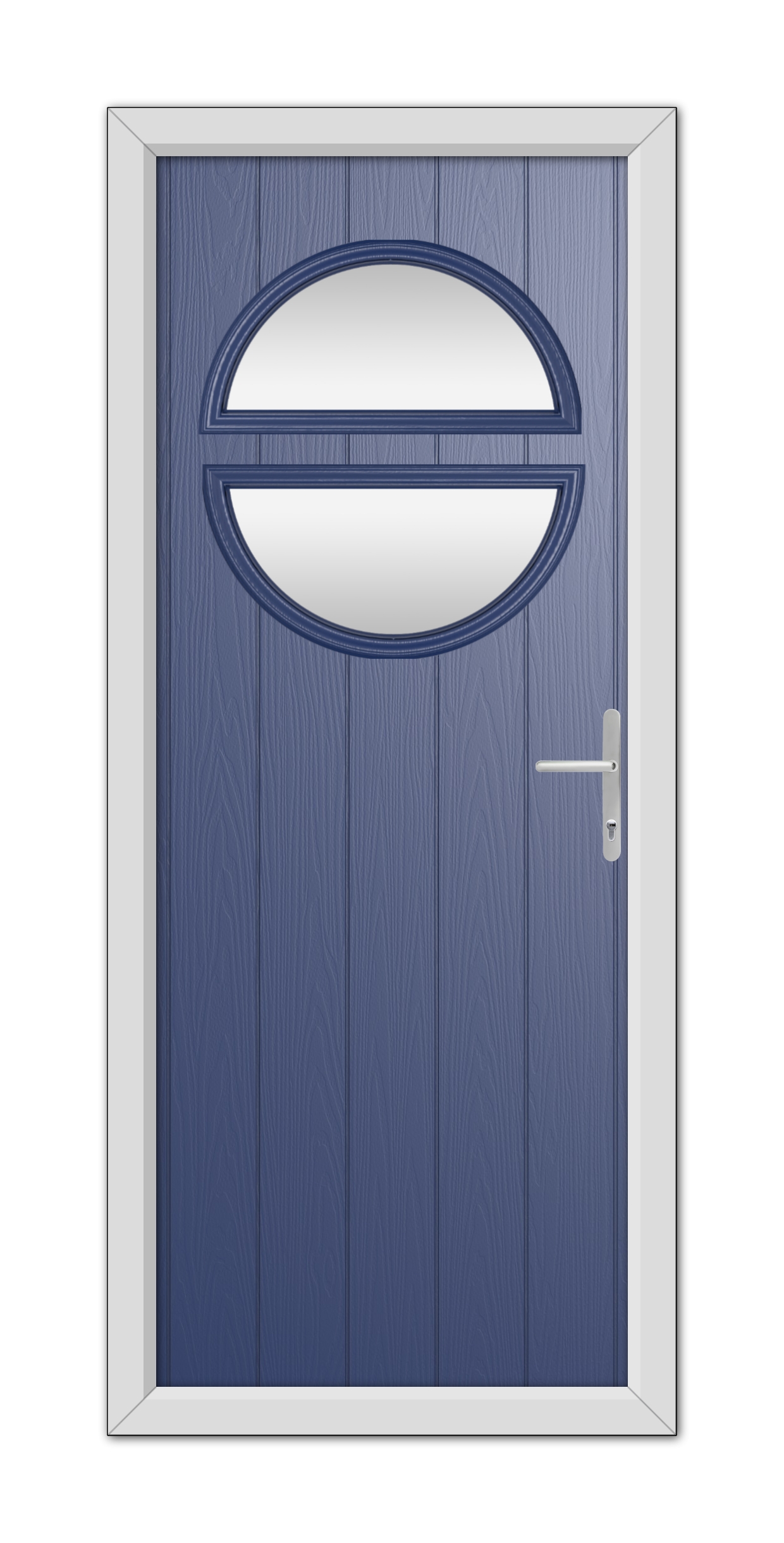 A Blue Kent Composite Door 48mm Timber Core with an oval glass window and a silver handle, set in a white frame.