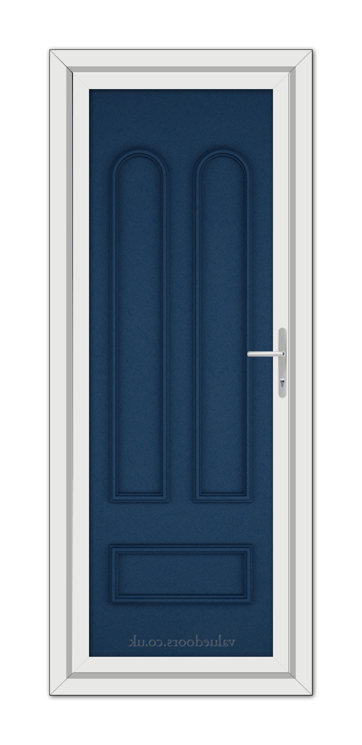 A vertical image of a closed Blue Madrid Solid uPVC Door with a silver handle, set within a white frame.