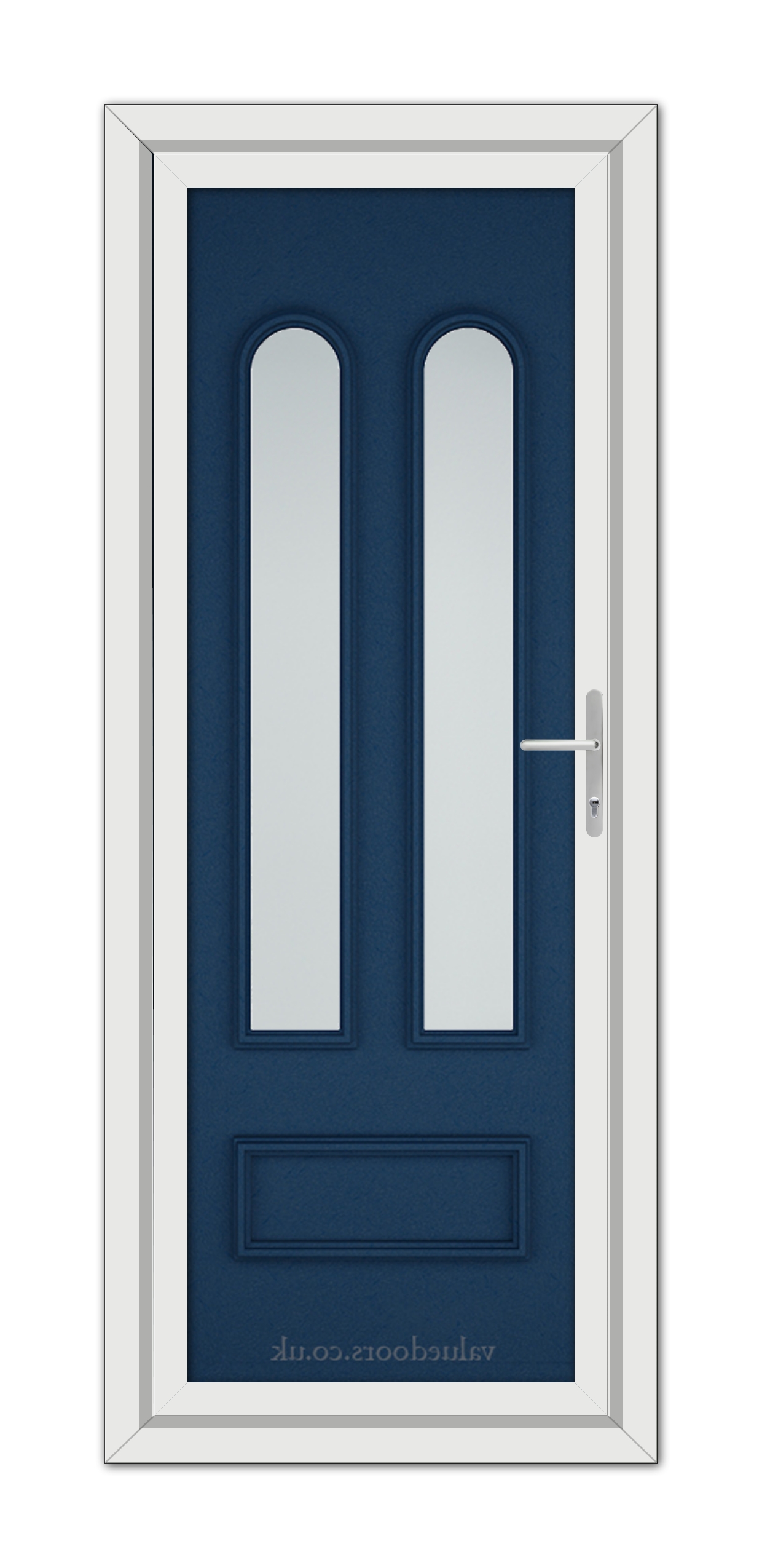 A vertical image of a modern Blue Madrid uPVC Door with long white glass panels and a silver handle, set within a white frame.