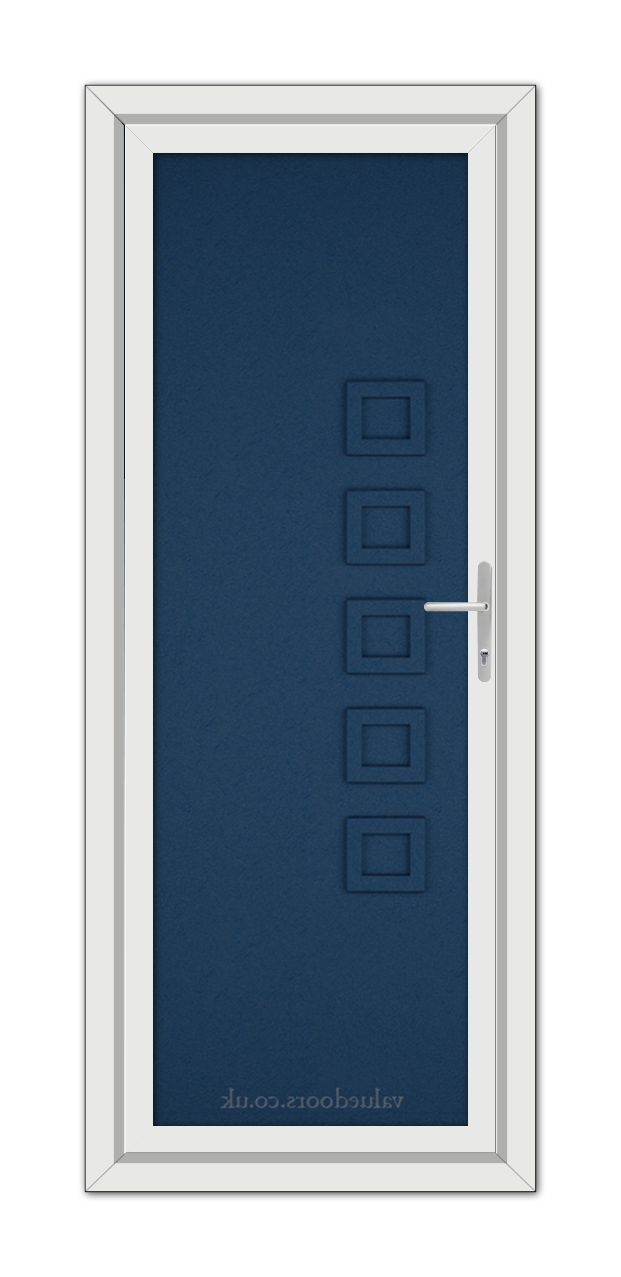 A narrow vertical Blue Malaga Solid uPVC Door with a long window and five square panels aligned on a dark blue surface, featuring a metallic handle on the right.