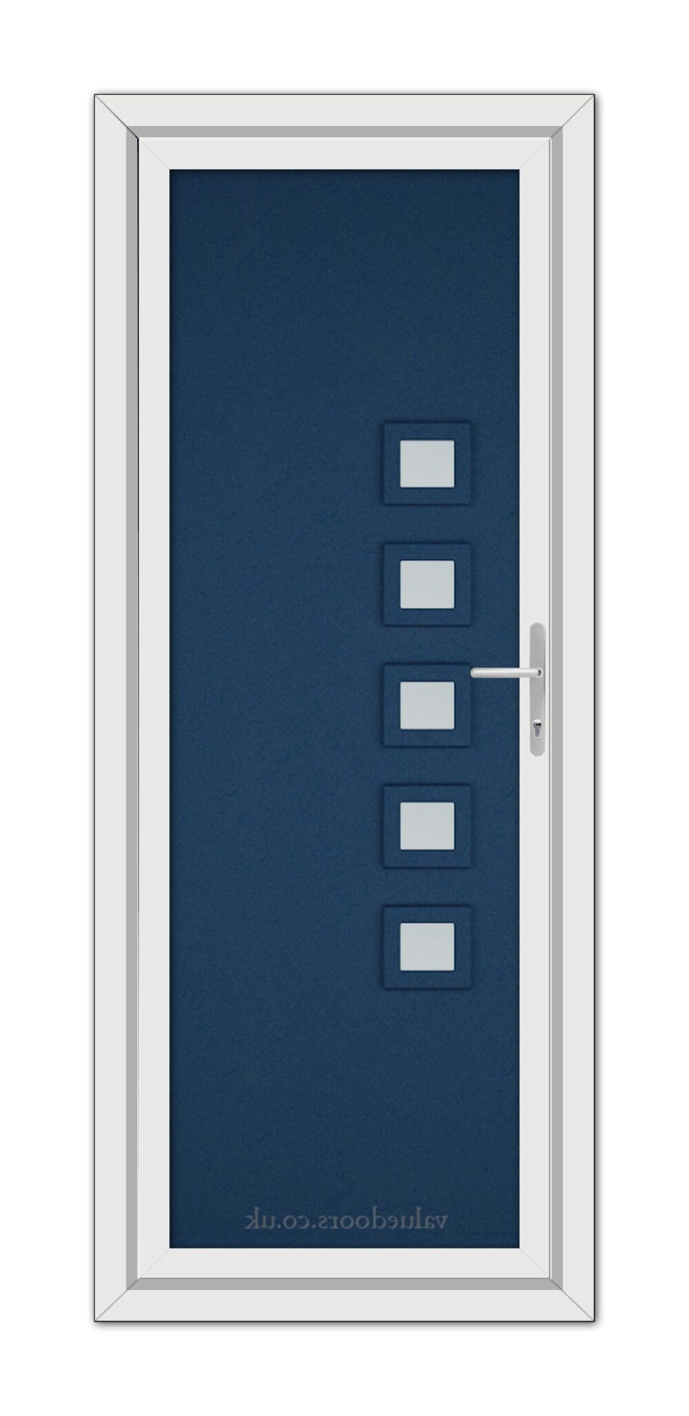Vertical Blue Malaga uPVC Door with six small square windows arranged in a column, white doorframe, and a handle on the right.