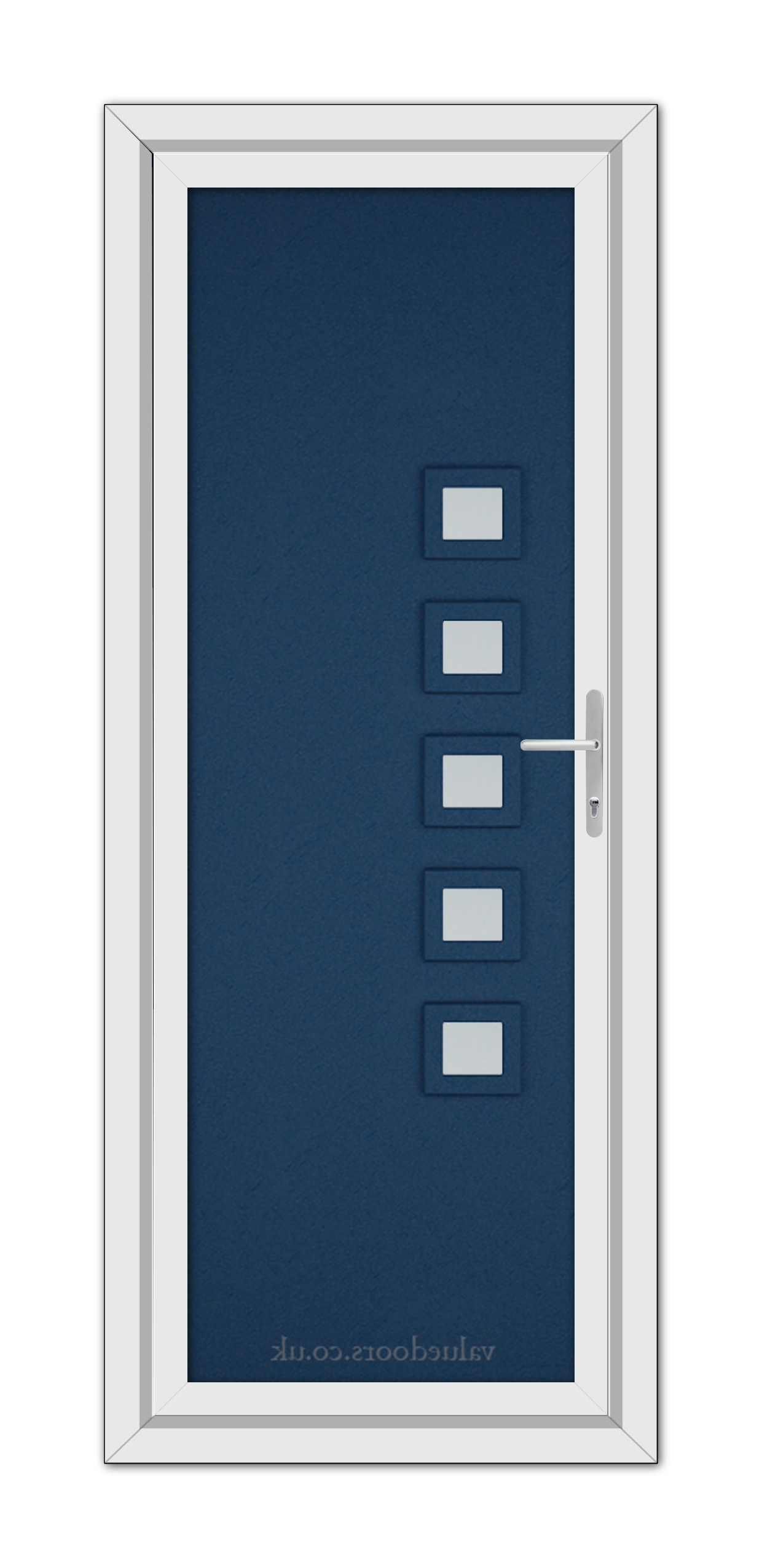Vertical Blue Malaga uPVC Door with six small square windows arranged in a column, white doorframe, and a handle on the right.