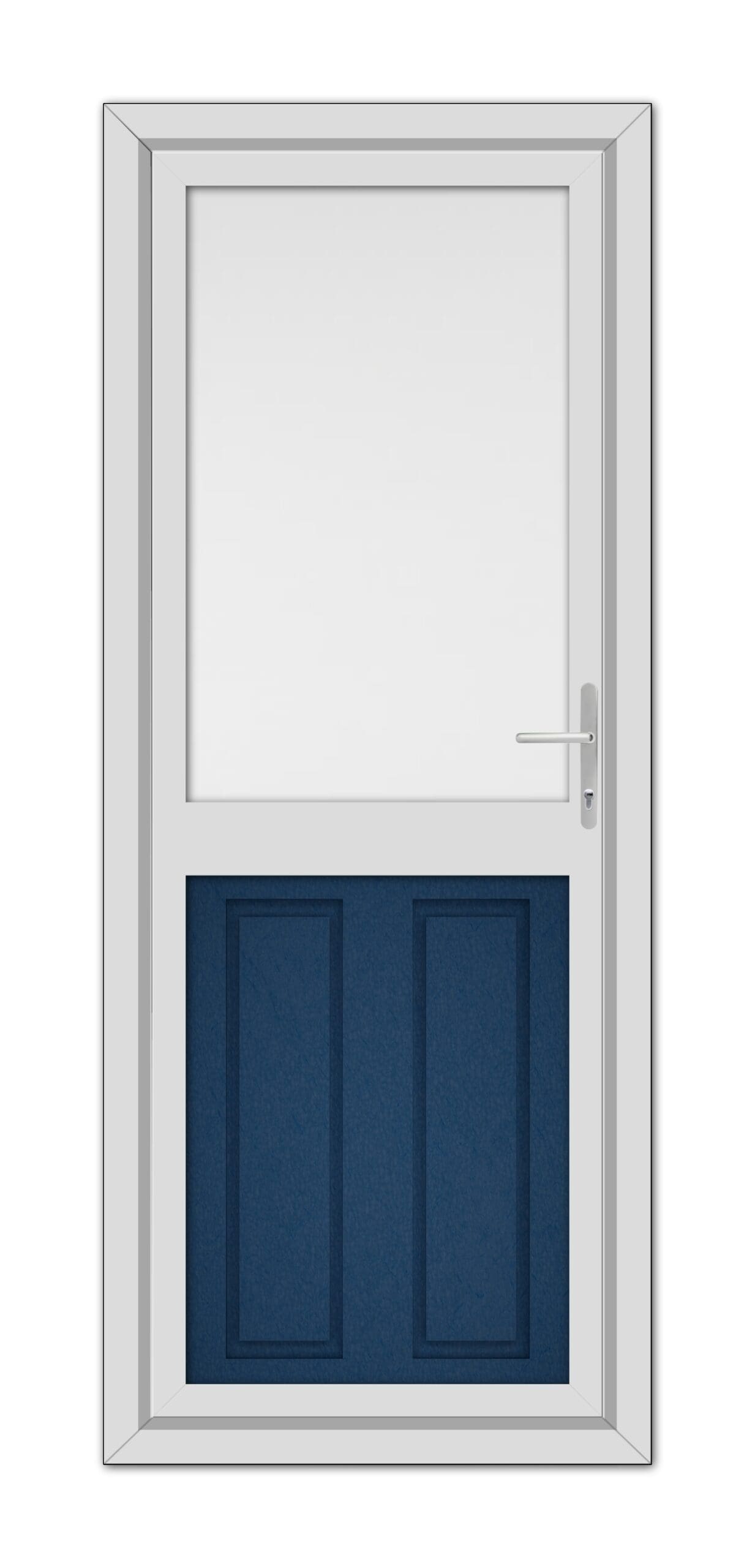 A modern White Manor Half uPVC Back Door with a small, square window at the top and two Blue panels at the bottom, fitted with a silver handle on the right side.