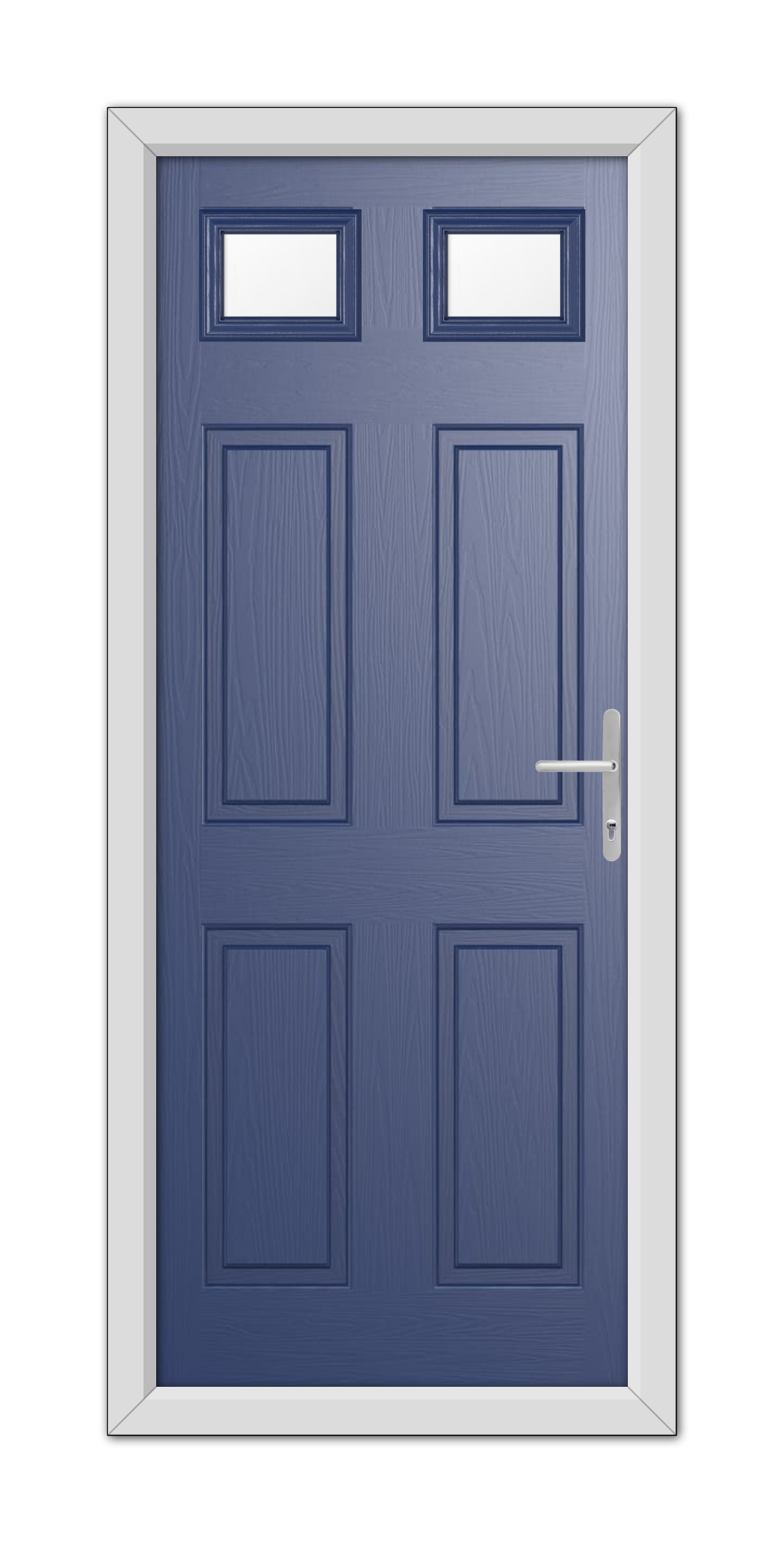 A modern Blue Middleton Glazed 2 Composite Door 48mm Timber Core with four panels and three small rectangular windows, set in a white frame, featuring a silver handle on the right side.