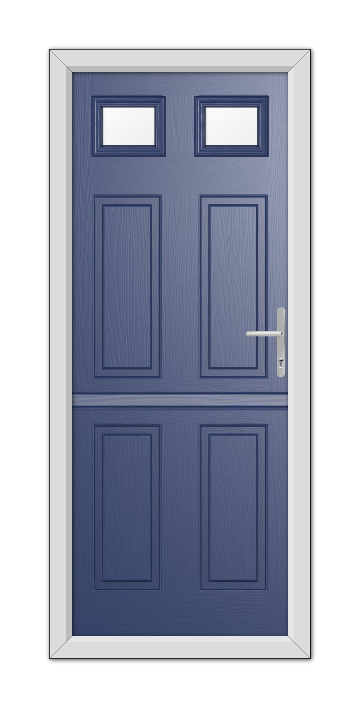 A Blue Middleton Glazed 2 Stable Composite Door 48mm Timber Core with a silver handle and three small rectangular windows, set within a white door frame.
