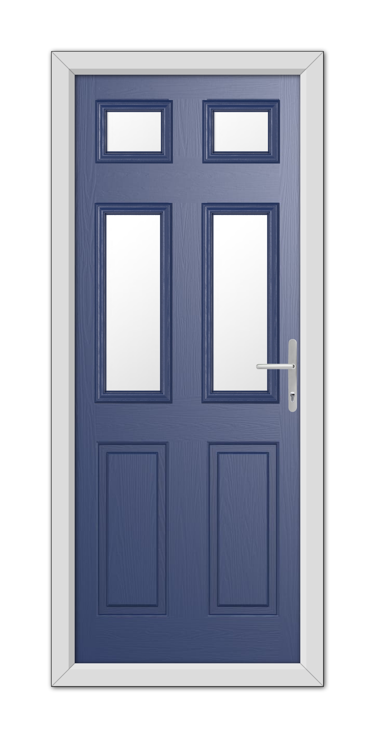 A modern Blue Middleton Glazed 4 Composite Door with glass panels at the top, equipped with a silver handle and framed in white.