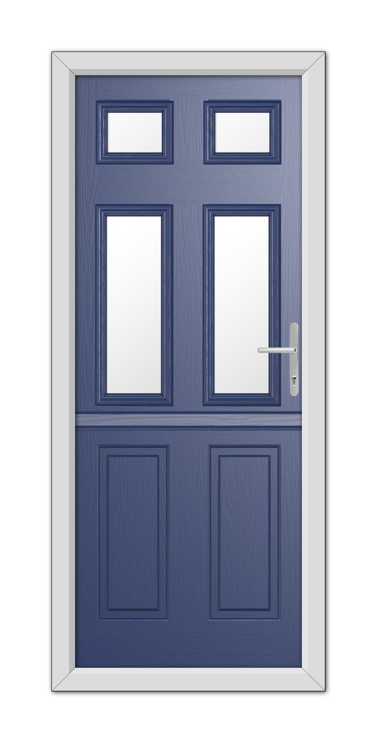 Double entrance door in Blue Middleton Glazed 4 Stable Composite Door 48mm Timber Core with four rectangular panels, two of which include windows, and a modern handle, isolated on a white background.