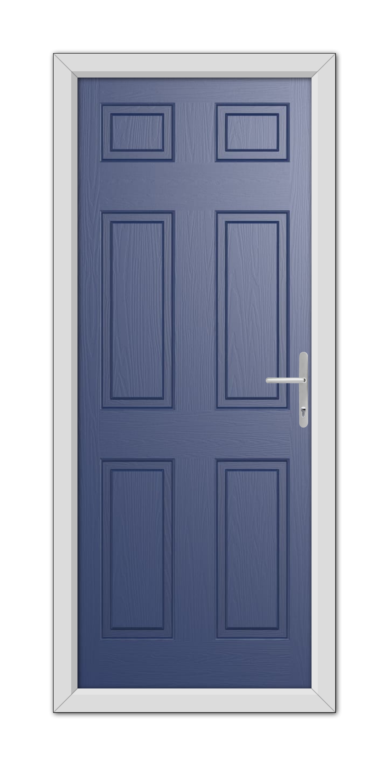 A Blue Middleton Solid Composite Door 48mm Timber Core with six panels and a silver handle, set within a white door frame, isolated on a white background.