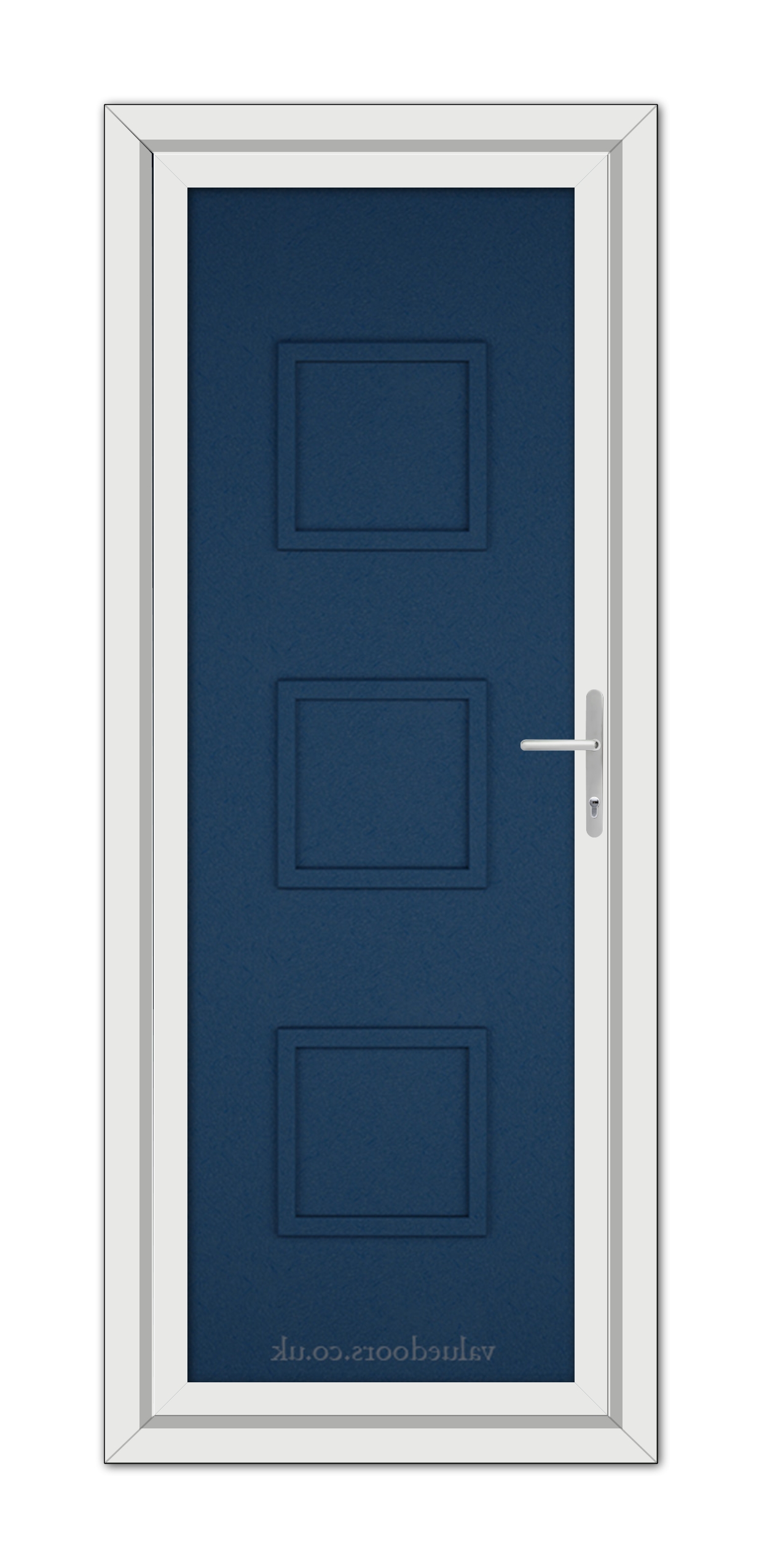 A vertical image of a Blue Modern 5013 Solid uPVC Door with four rectangular panels, featuring a silver handle on the right, set within a white door frame.