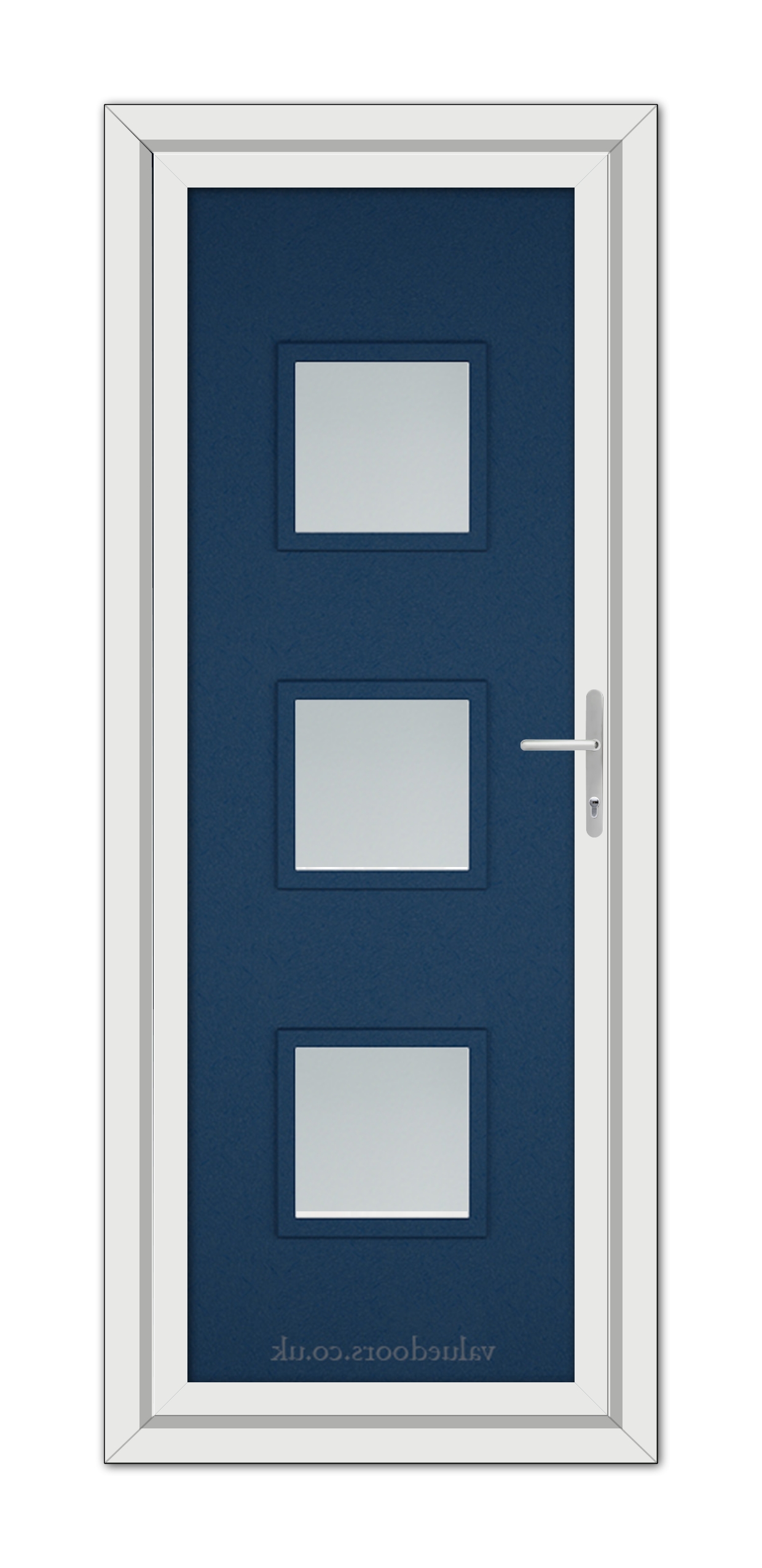 A Blue Modern 5013 uPVC door with three rectangular frosted glass windows and a silver handle, framed within a white door frame.