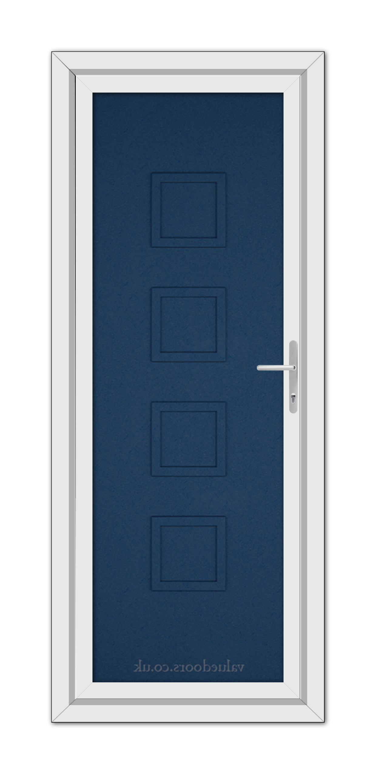 A vertical image of a Blue Modern 5034 Solid uPVC Door with six panels and a white frame featuring a silver handle on the right side.