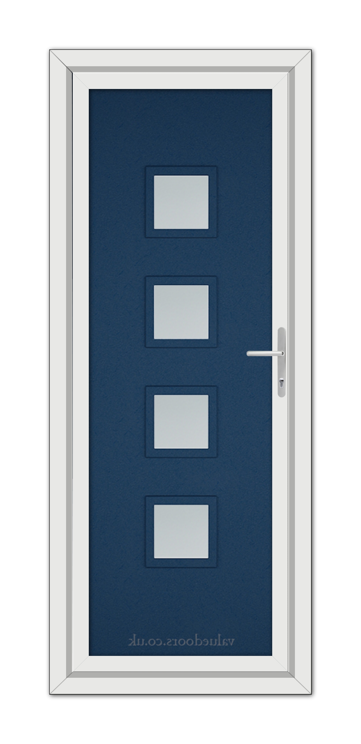 Blue Modern 5034 uPVC door with four square glass panels aligned vertically, a white frame, and a metallic handle on the right.