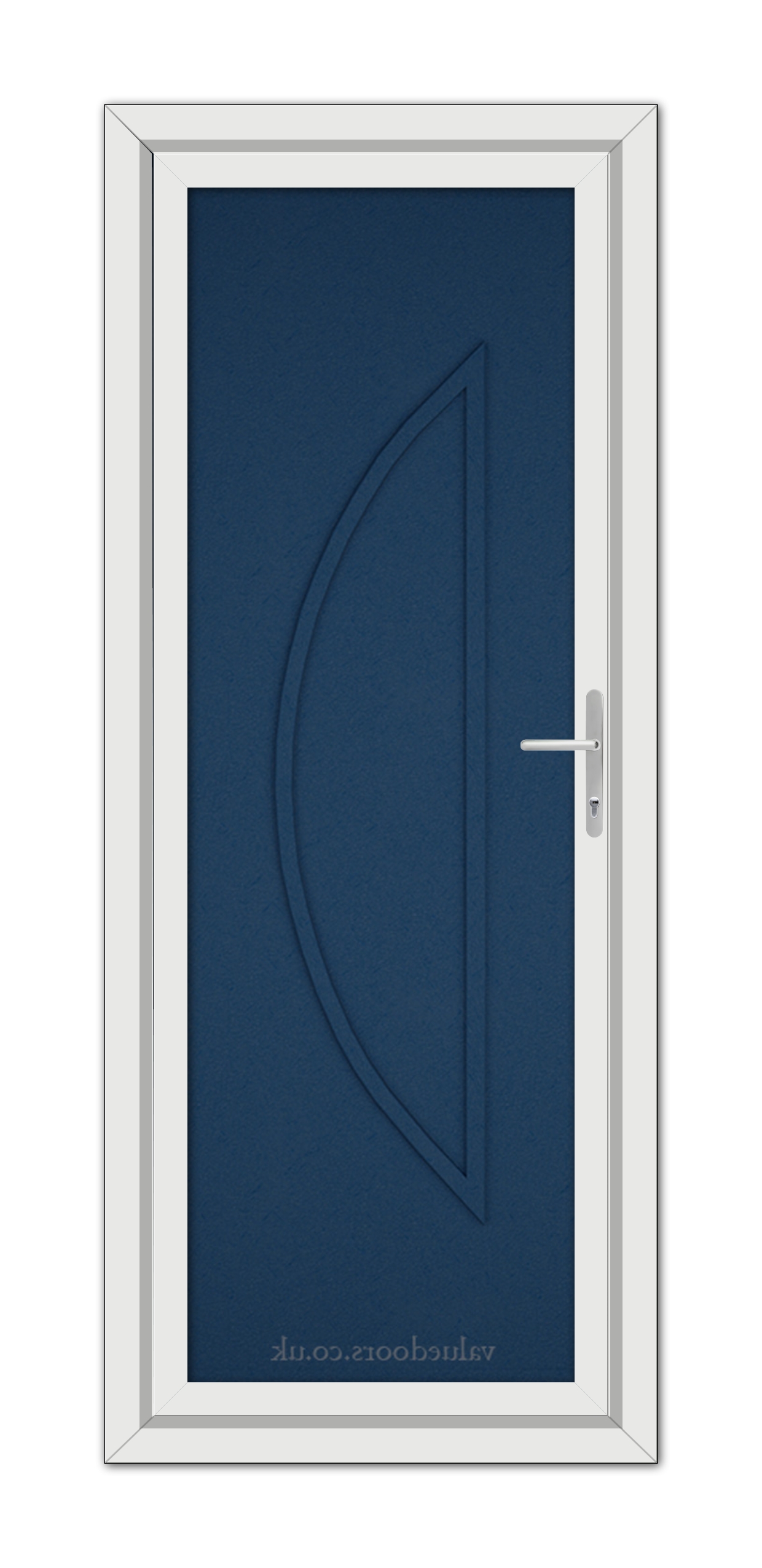Vertical view of a closed Blue Modern 5051 Solid uPVC door with a sleek handle, featuring a blue center panel with an elegant curved design, encased in a white frame.