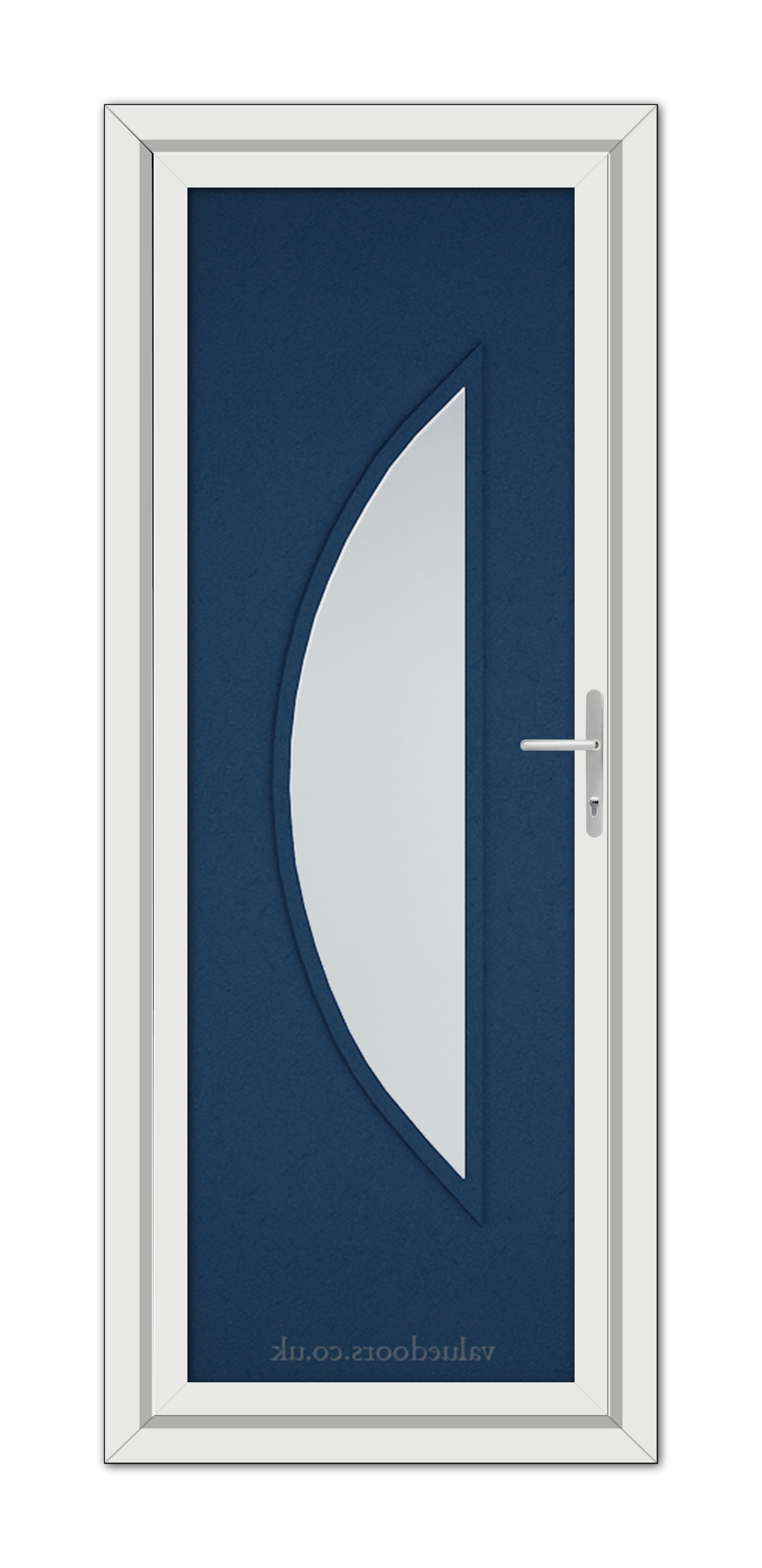 Blue Modern 5051 uPVC door with a large, centered, elliptical frosted glass panel, a white frame, and a metal handle.