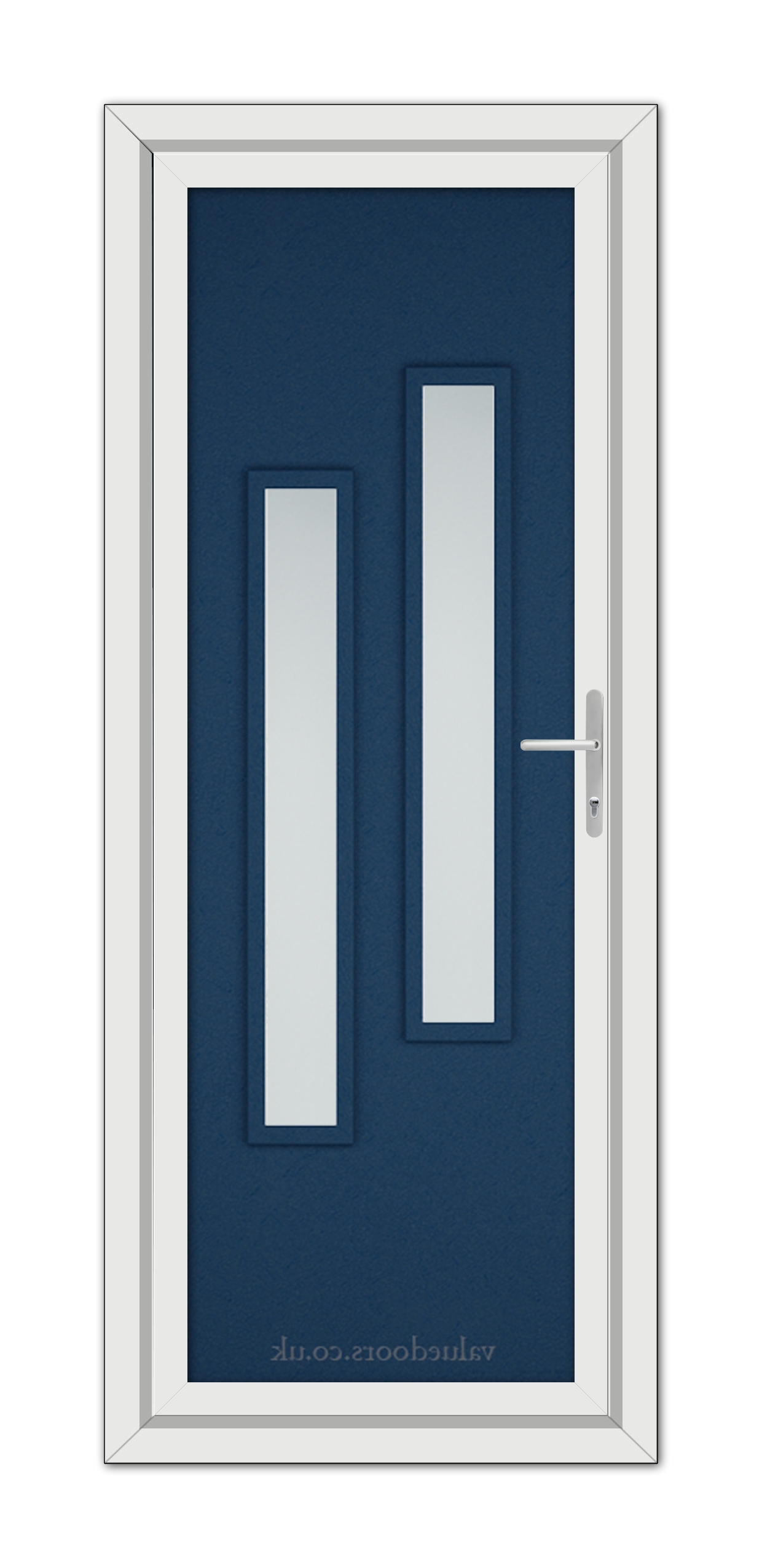 A Blue Modern 5082 uPVC Door with a white frame, featuring a navy blue panel and two vertical, rectangular glass windows.