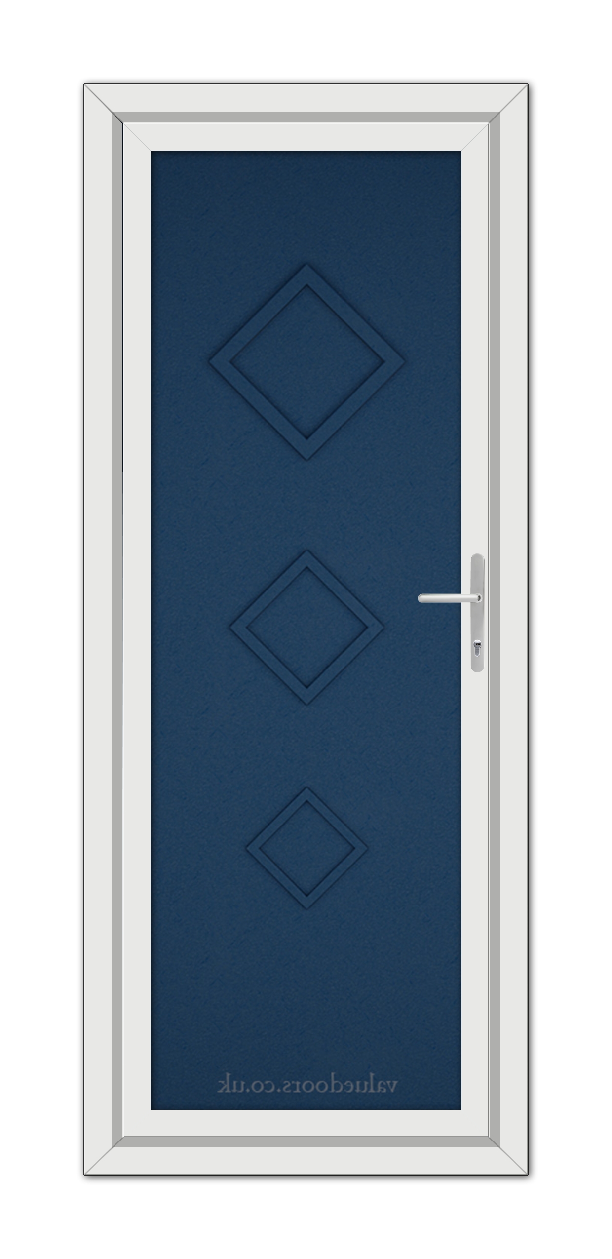 A vertical image of a Blue Modern 5123 Solid uPVC Door with a white frame and dark blue center featuring three diamond-shaped panels and a metallic handle on the right.