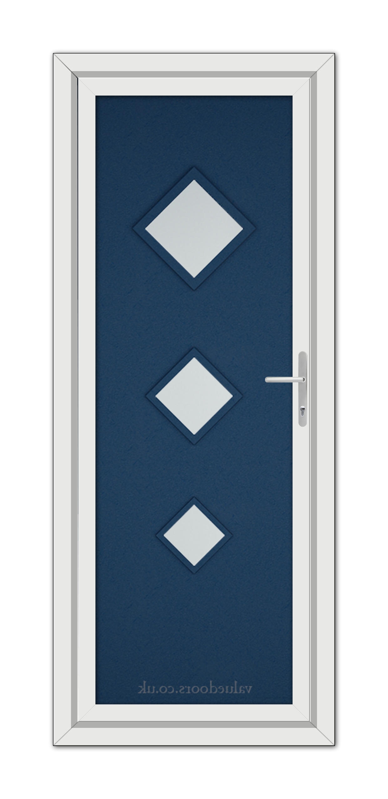 A Blue Modern 5123 uPVC door with three diamond-shaped windows, encased in a white frame, featuring a steel handle on the right side.