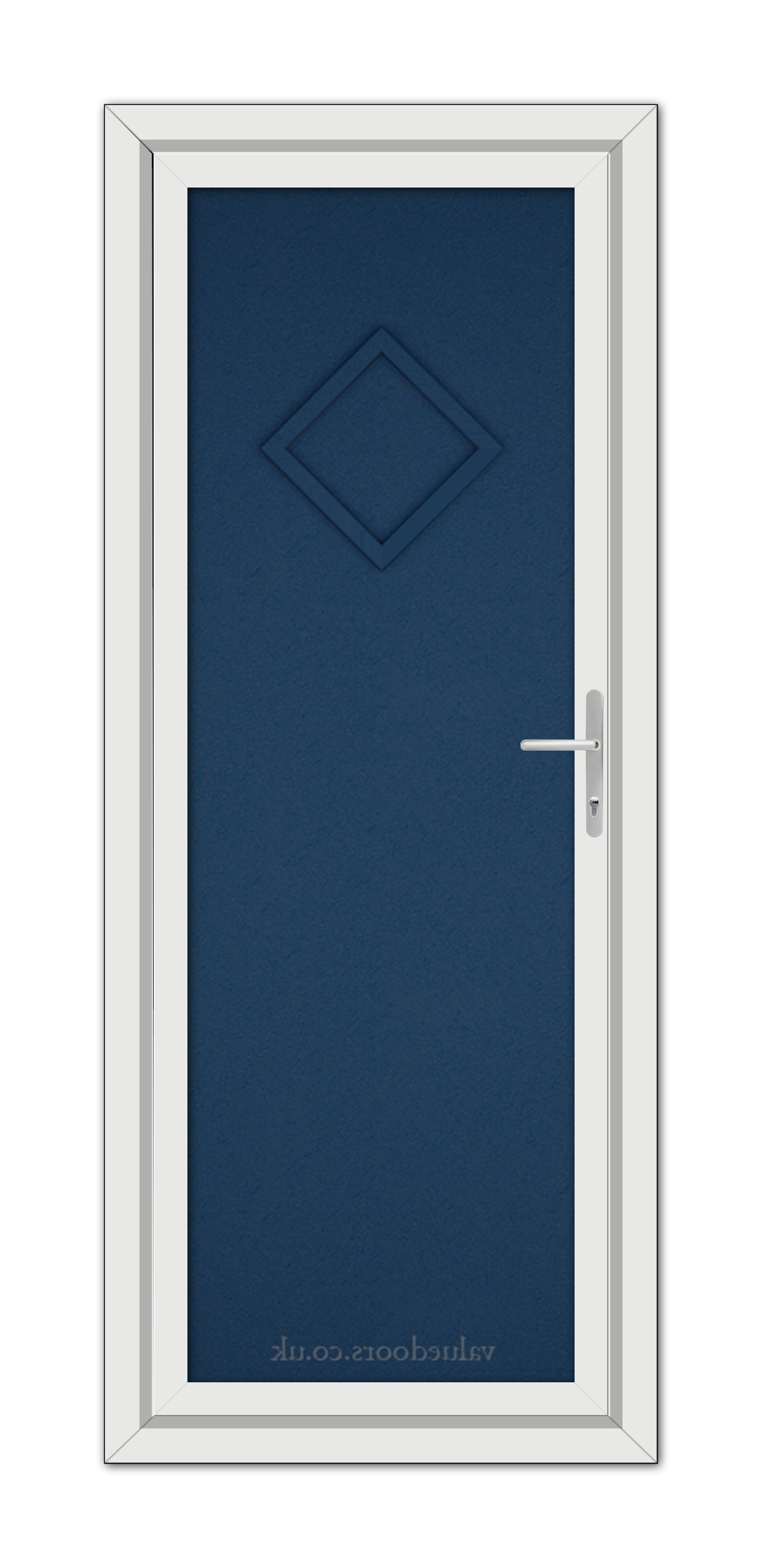 A vertical image of a closed Blue Modern 5131 Solid uPVC Door with a diamond pattern in the center, framed by a white door frame and featuring a metallic handle on the right side.