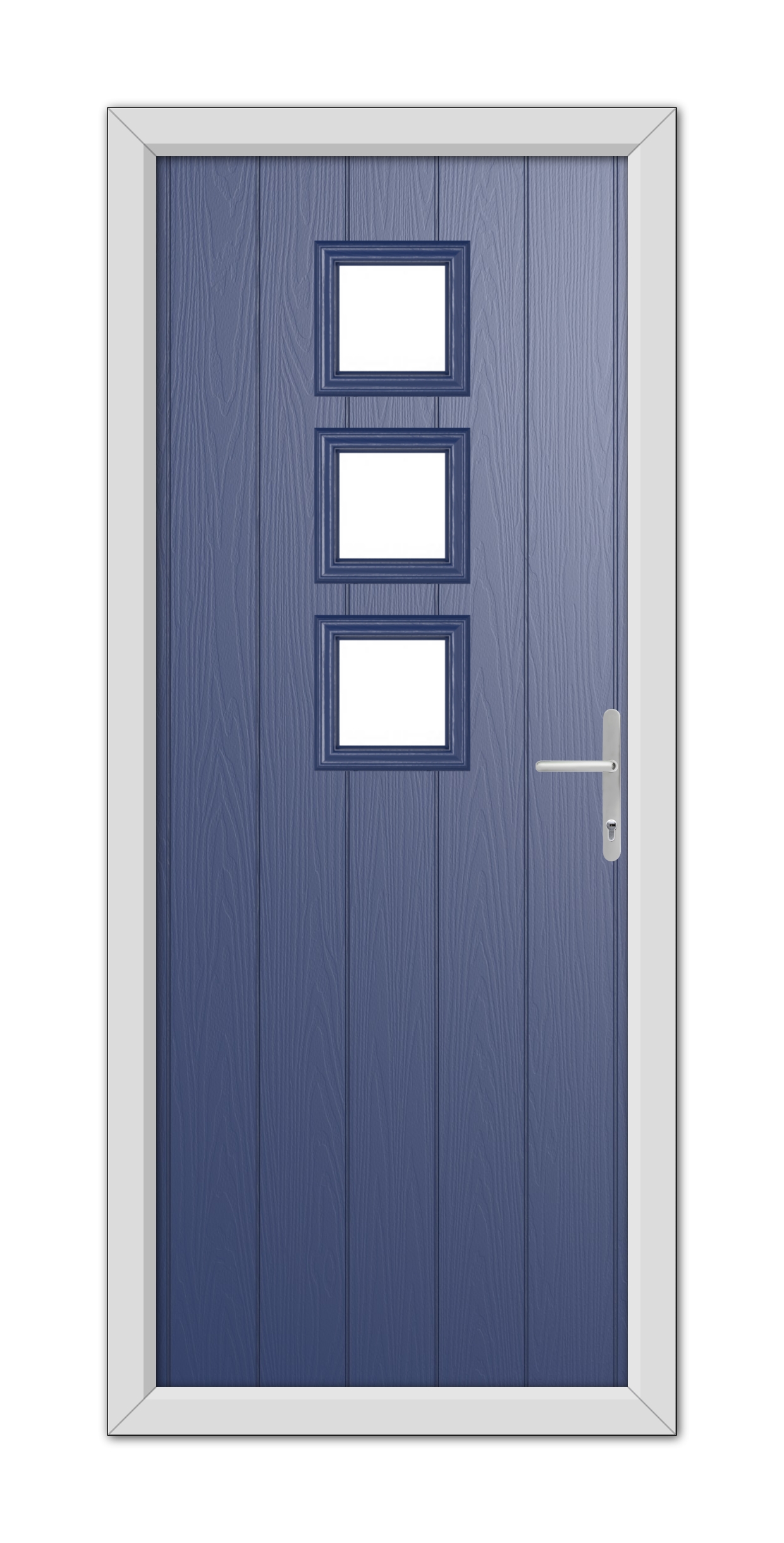 A modern Blue Montrose Composite Door 48mm Timber Core with a metallic handle and three rectangular windows, set within a white door frame.