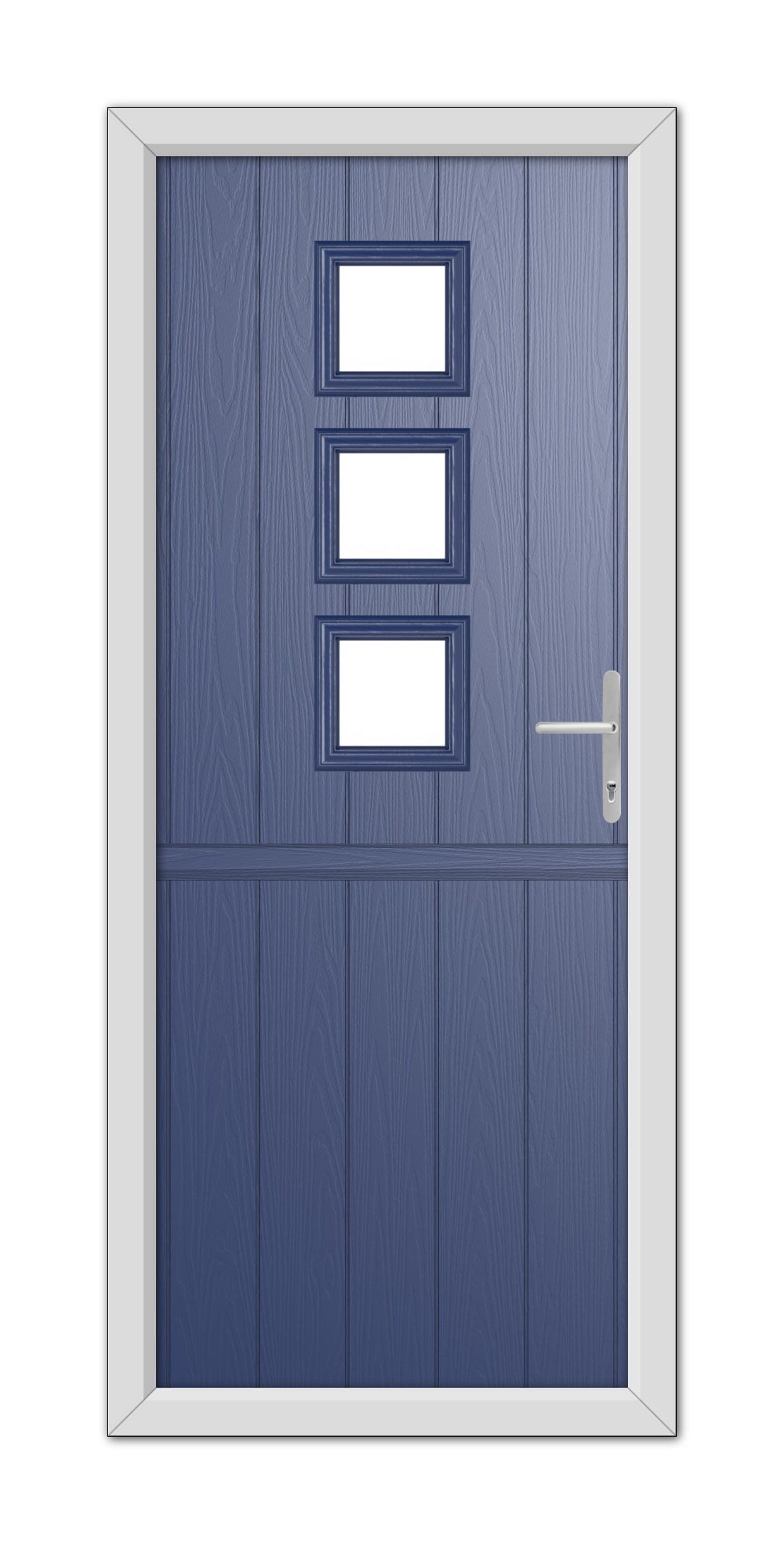 A Blue Montrose Stable Composite Door 48mm Timber Core with a white frame featuring three rectangular windows and a silver handle, set against a white background.