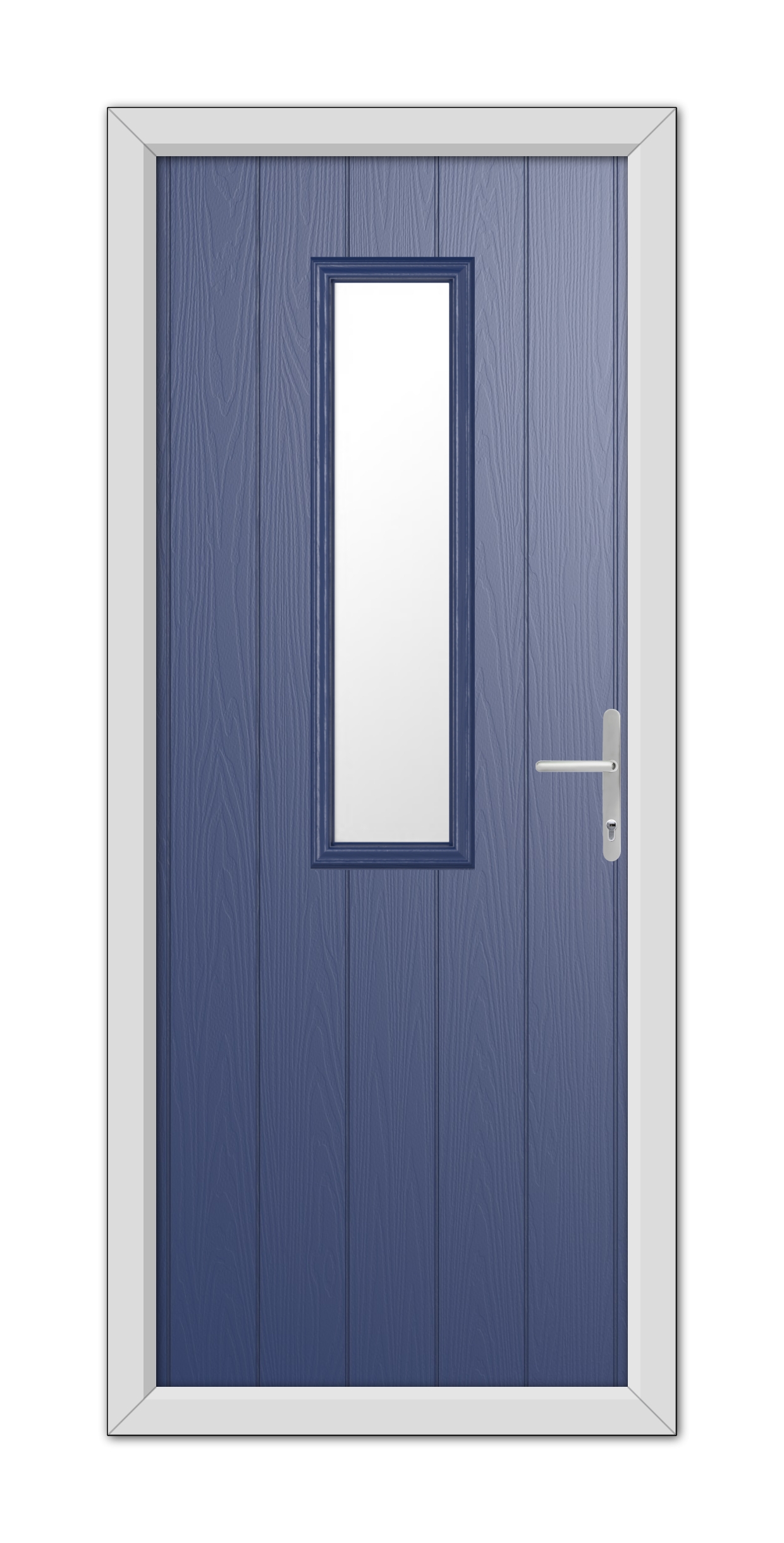 A Blue Mowbray Composite Door 48mm Timber Core with a vertical rectangular window and a silver handle, framed within a white door frame.