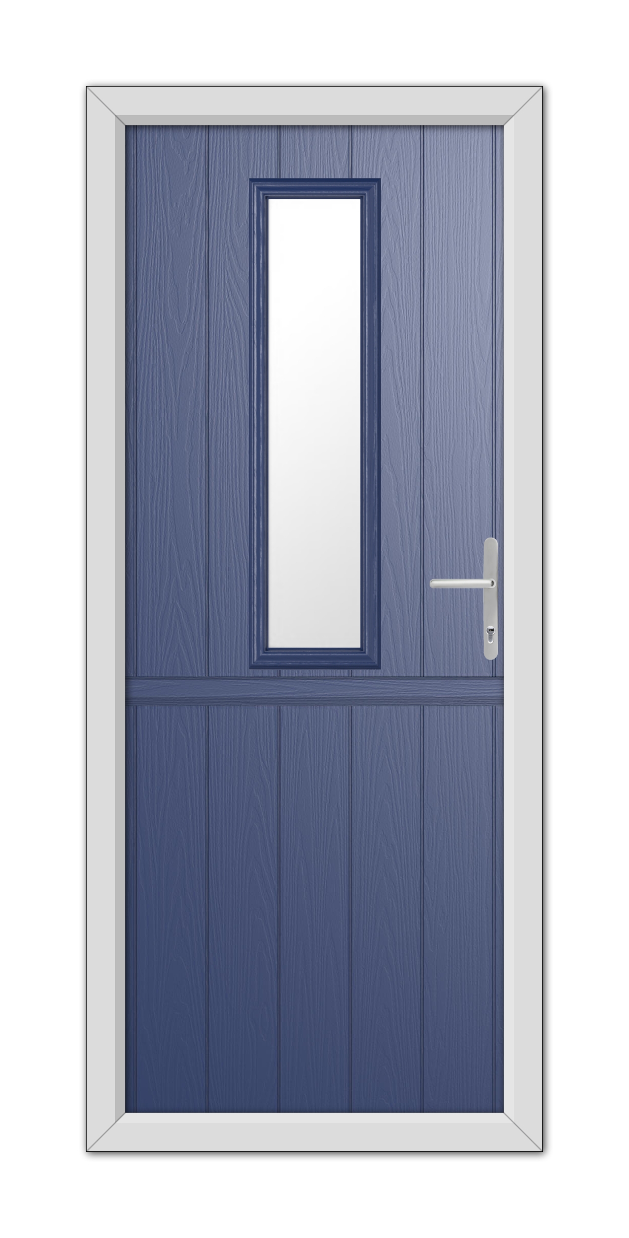 A Blue Mowbray Stable Composite Door 48mm Timber Core with a vertical rectangular window and a silver handle, set within a white frame.